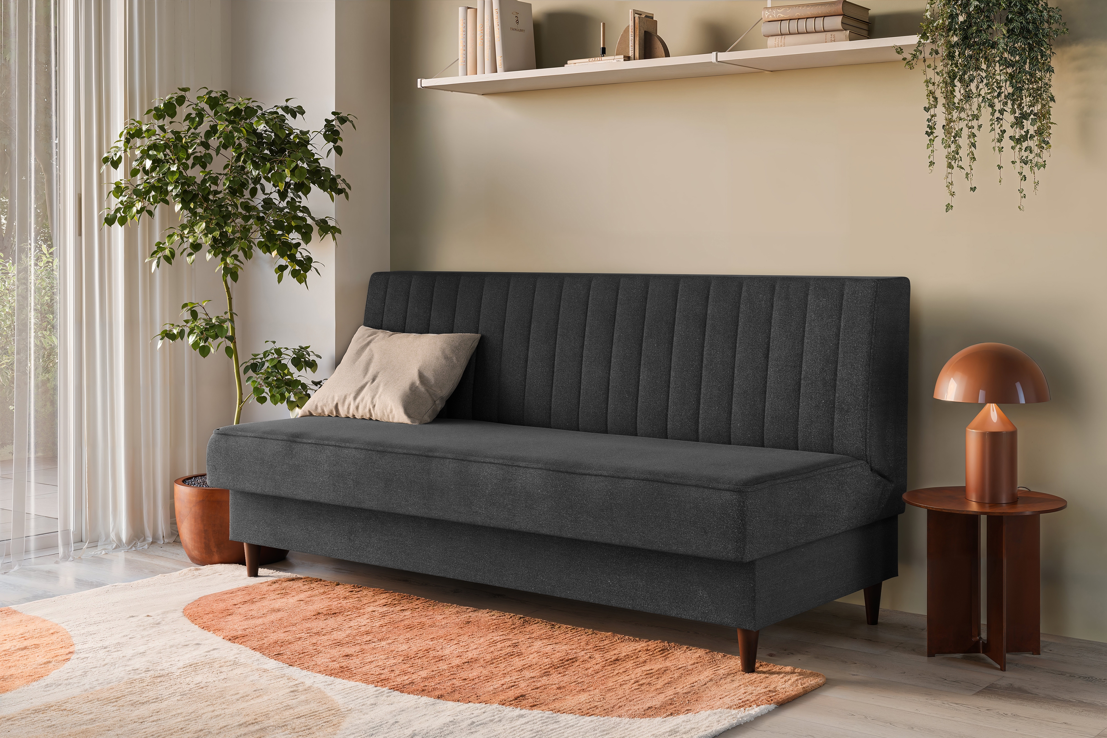 Rozkládací pohovka Vigo s úložným prostorem - tmavě šedý samet Kronos 34 Pohovka Vigo rozkladana s úložným prostorem- tmavě šedá samet Kronos 34