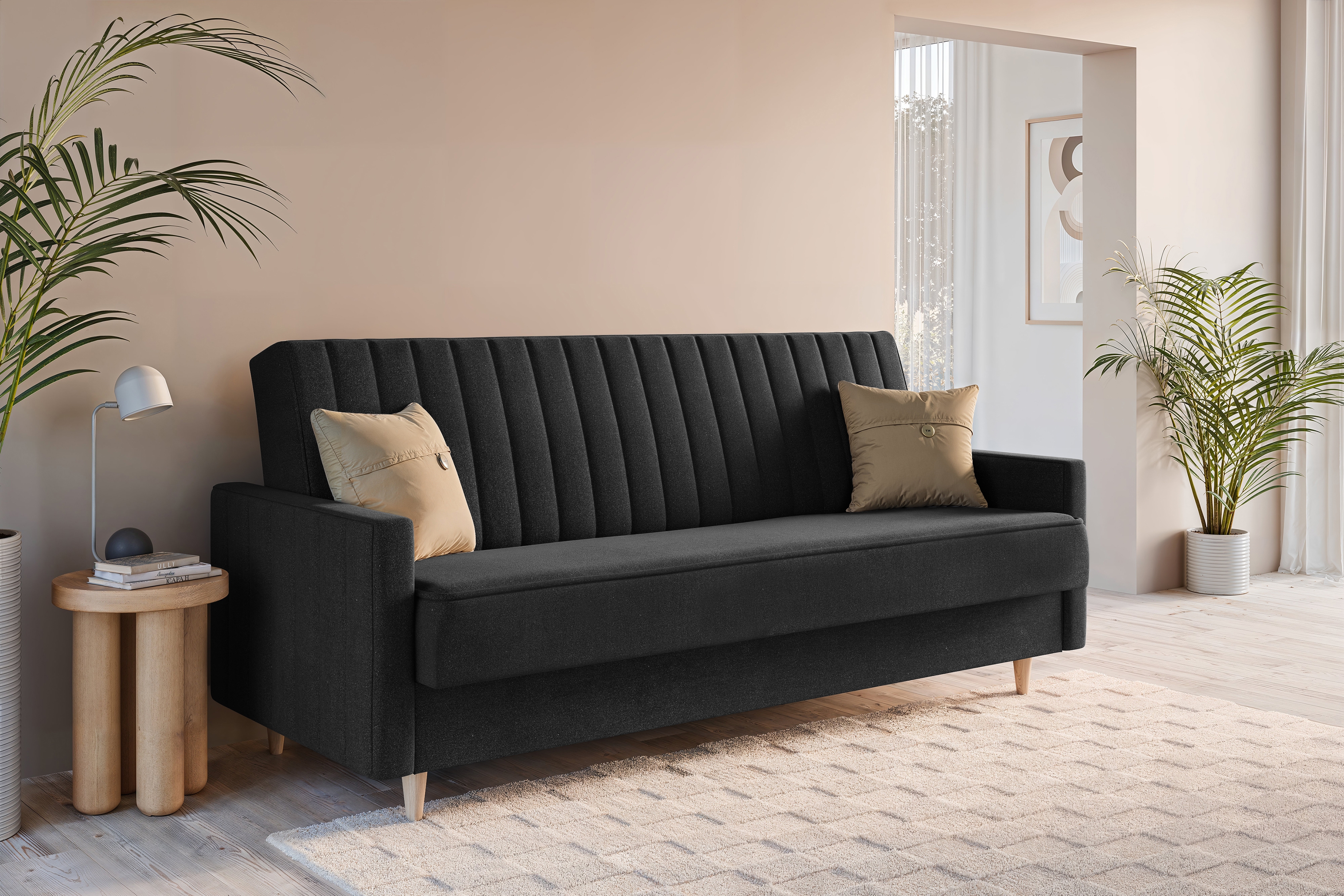 Rozkladacia pohovka Wars – tmavosivý zamat Kronos 34 / bukové nožičky Pohovka Wars s funkciou spánku - Tmavý šedý velúr Kronos 34 / buk 