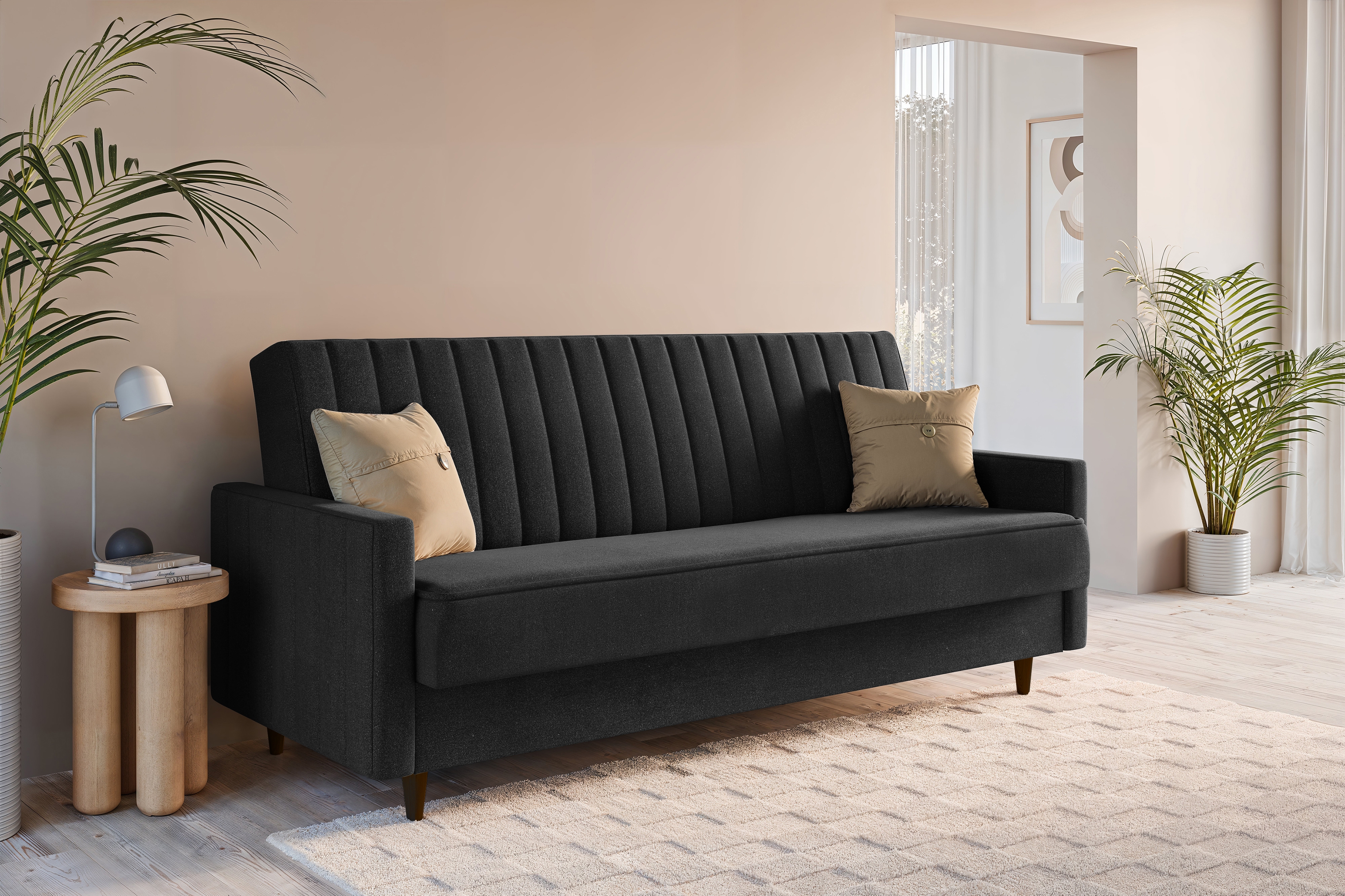 Rozkládací pohovka Wars - tmavě šedý samet Kronos 34 / nožky wenge Pohovka Wars rozkládací - tmavě šedá samet Kronos 34 / wenge