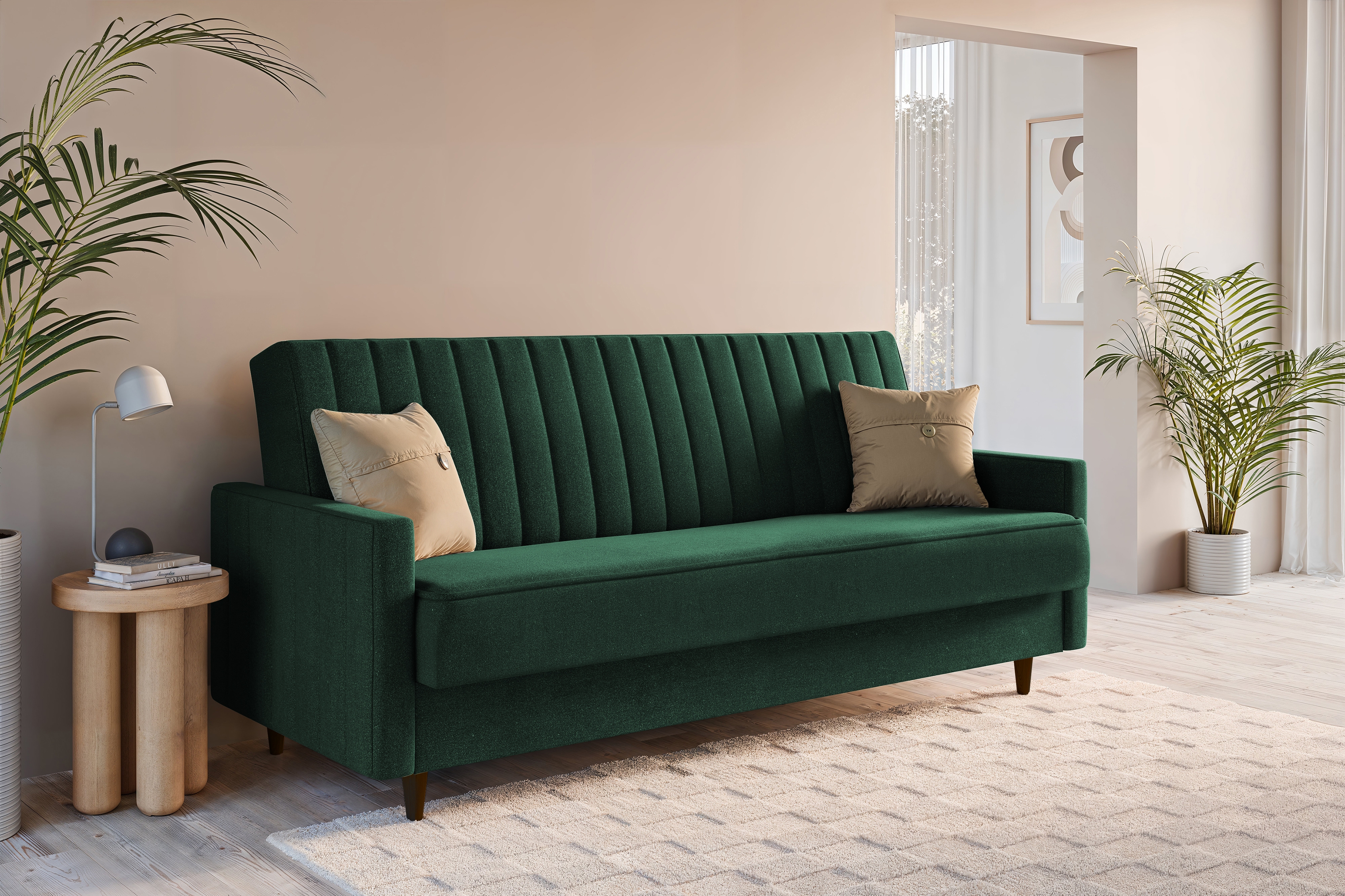 Rozkladacia pohovka Wars – zelený zamat Kronos 14 / nožičky wenge Pohovka Wars s funkciou spánku - Zelený velúr Kronos 14 / Venge