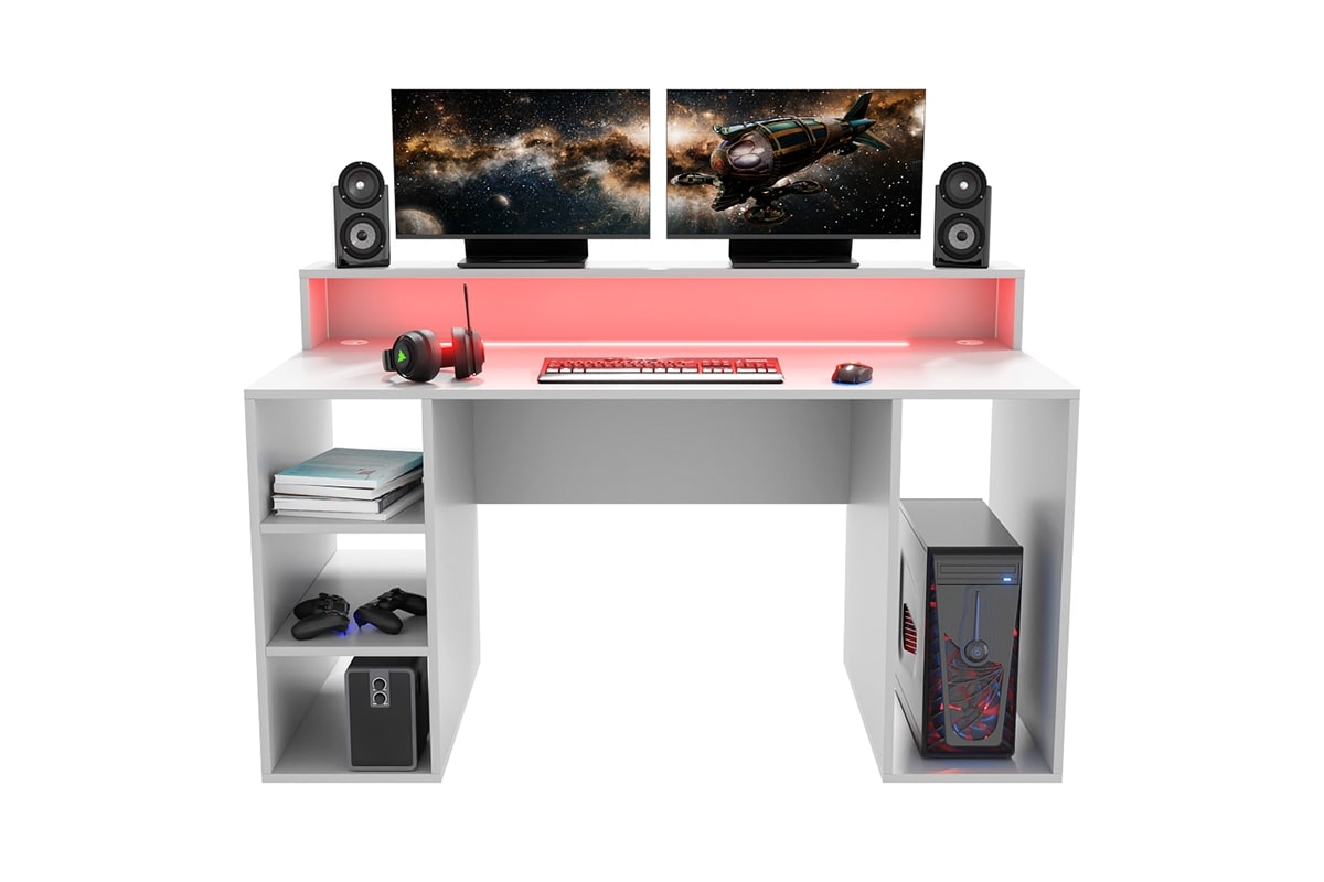 PC stôl Demin s policami i tasma LED - biely Písací stôl gamingowe Demin z policami i tasma LED - Biely 