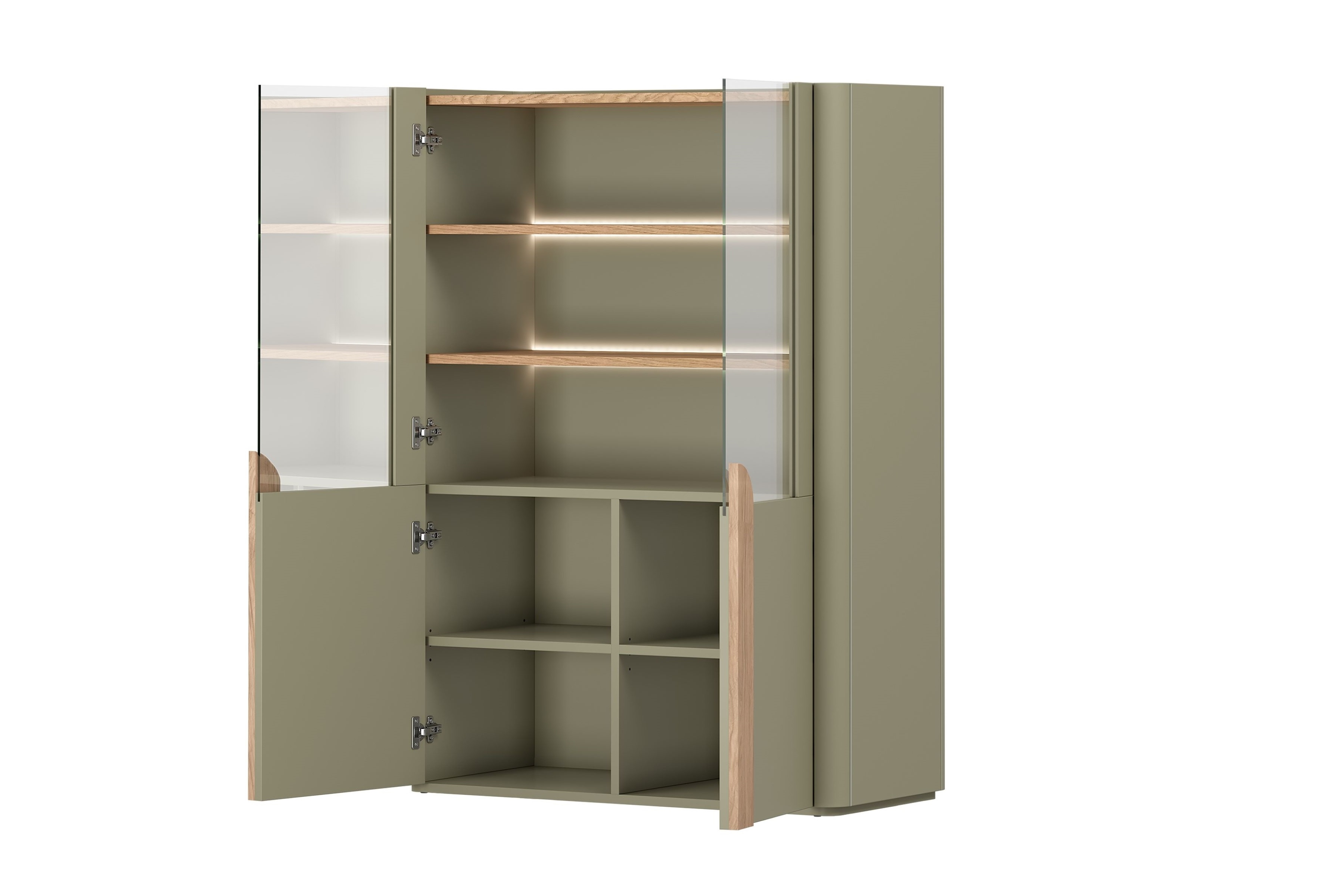 Vitrína Amilio 100 cm - eukalyptus / dub baltic dune / úchytky dub prírodný Vitrína Amilio do obývacej izby 100 cm - eukaliptus / Dub baltic dune / úchyty Dub prírodné