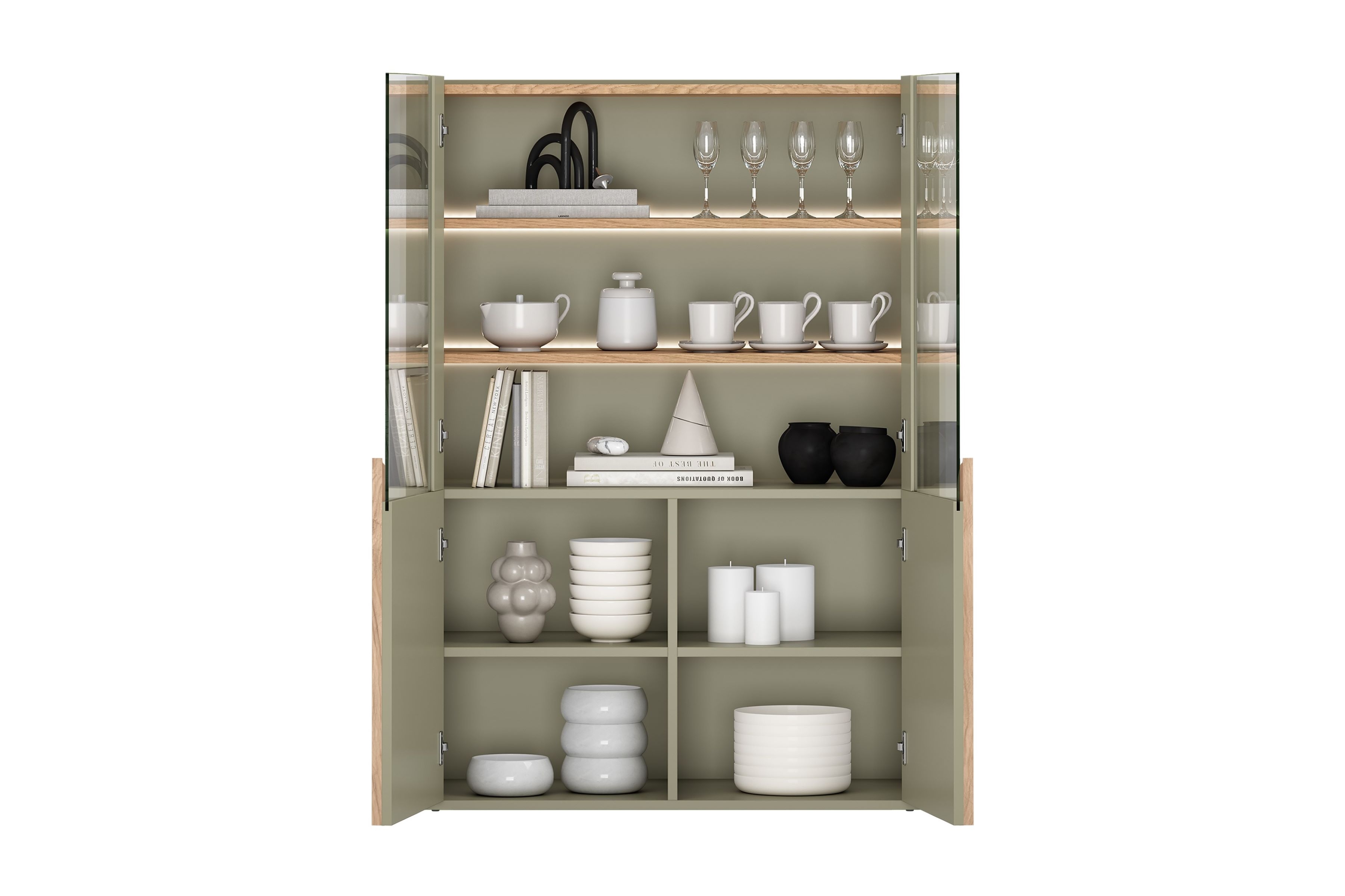 Vitrína Amilio 100 cm - eukalyptus / dub baltic dune / úchytky dub prírodný Vitrína Amilio do obývacej izby 100 cm - eukaliptus / Dub baltic dune / úchyty Dub prírodné