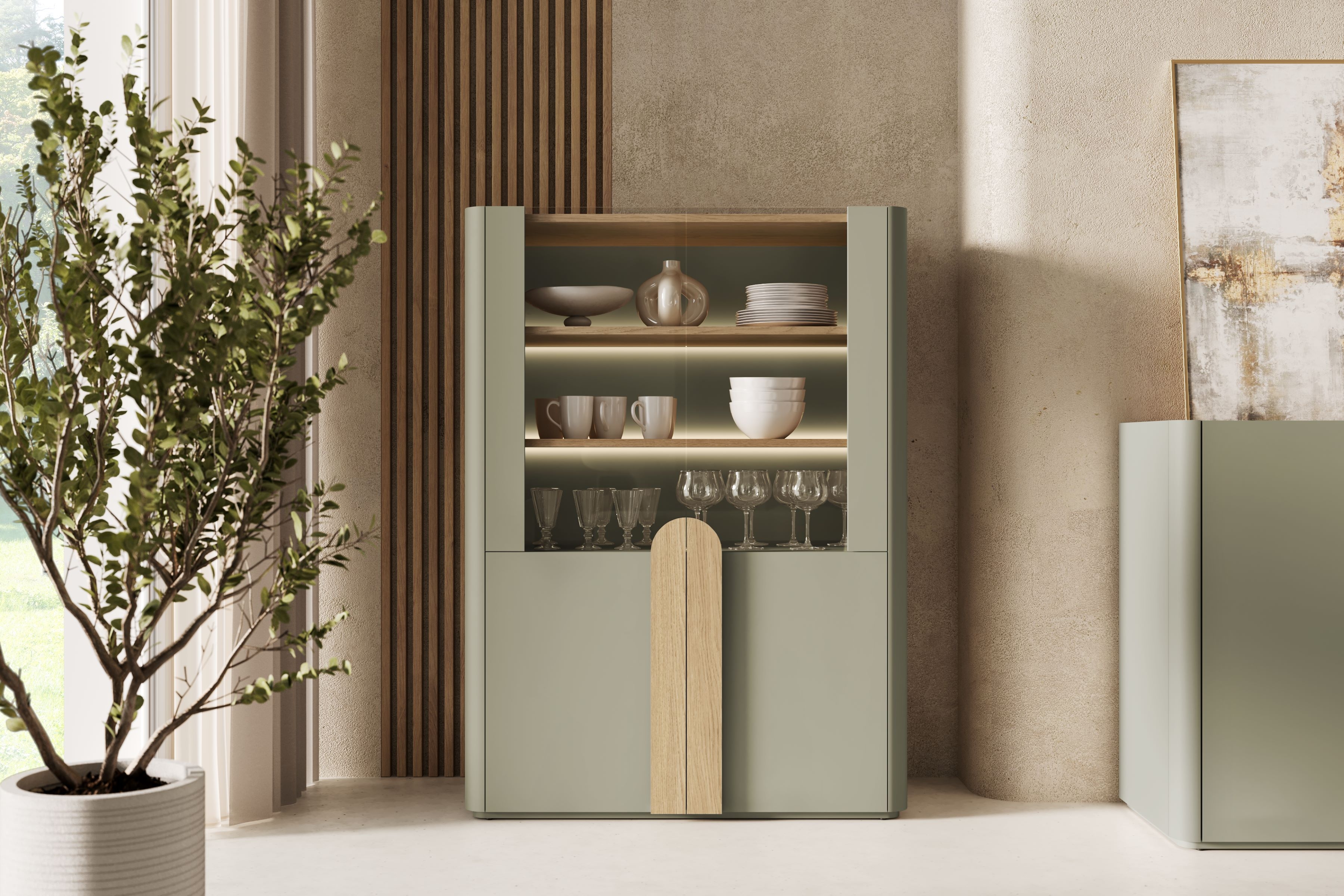 Vitrína Amilio 100 cm - eukalyptus / dub baltic dune / úchytky dub prírodný Vitrína Amilio do obývacej izby 100 cm - eukaliptus / Dub baltic dune / úchyty Dub prírodné