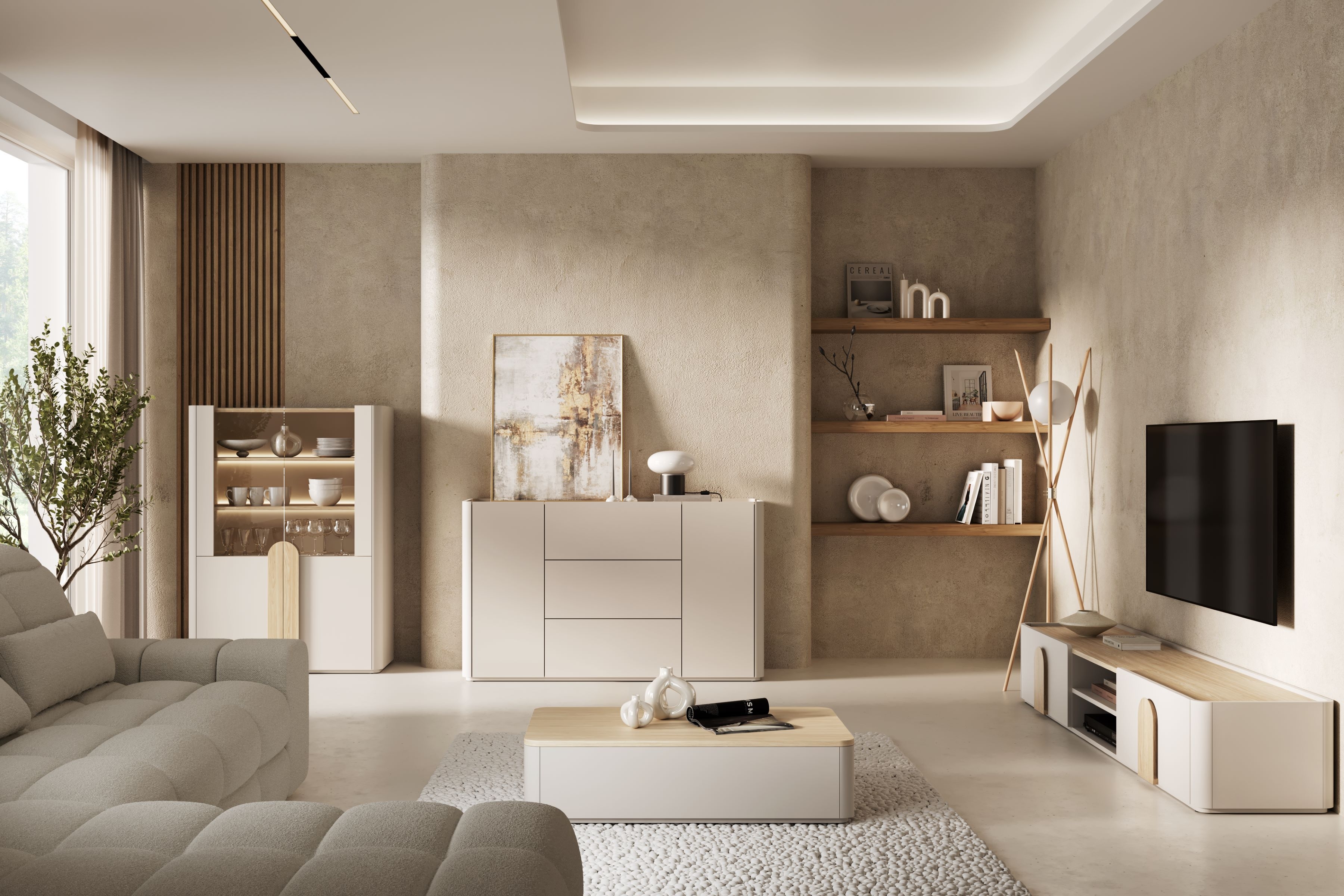 Vitrína Amilio 100 cm - kašmír / olejovaný dub / úchytky svetlý dub Vitrína Amilio do obývacej izby 100 cm - kašmír / Dub olejowany / úchyty Svetlý dub