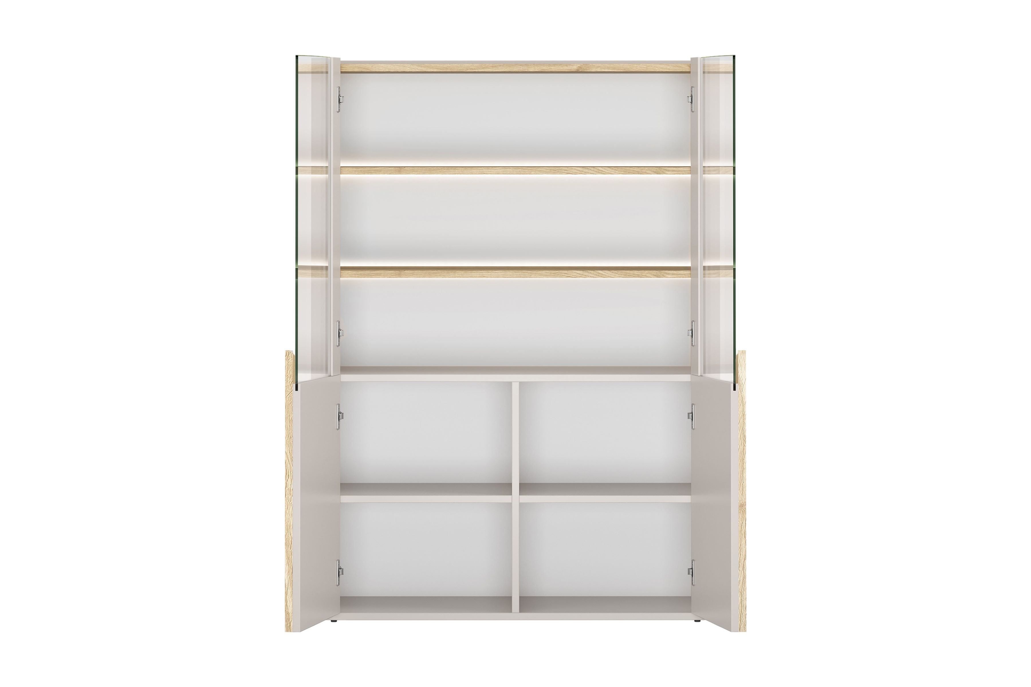 Vitrína Amilio 100 cm - kašmír / olejovaný dub / úchytky svetlý dub Vitrína Amilio do obývacej izby 100 cm - kašmír / Dub olejowany / úchyty Svetlý dub