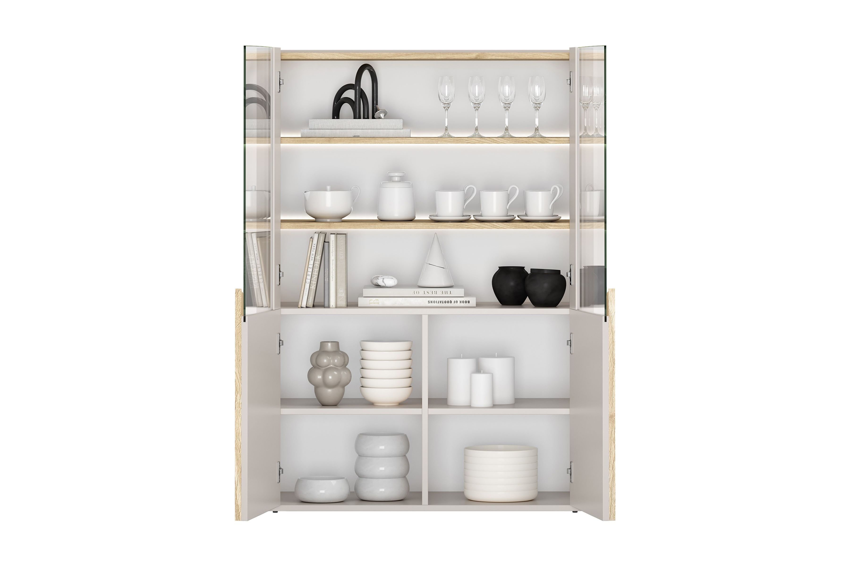 Vitrína Amilio 100 cm - kašmír / olejovaný dub / úchytky svetlý dub Vitrína Amilio do obývacej izby 100 cm - kašmír / Dub olejowany / úchyty Svetlý dub