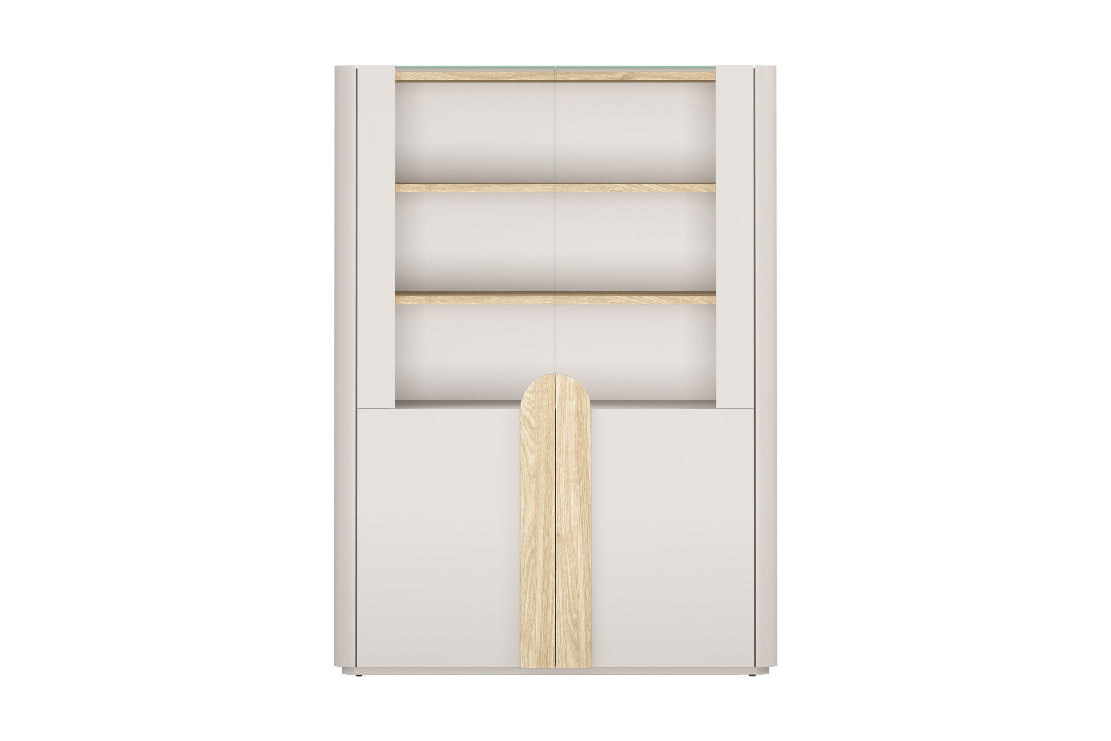 Vitrína Amilio 100 cm - kašmír / olejovaný dub / úchytky svetlý dub Vitrína Amilio do obývacej izby 100 cm - kašmír / Dub olejowany / úchyty Svetlý dub