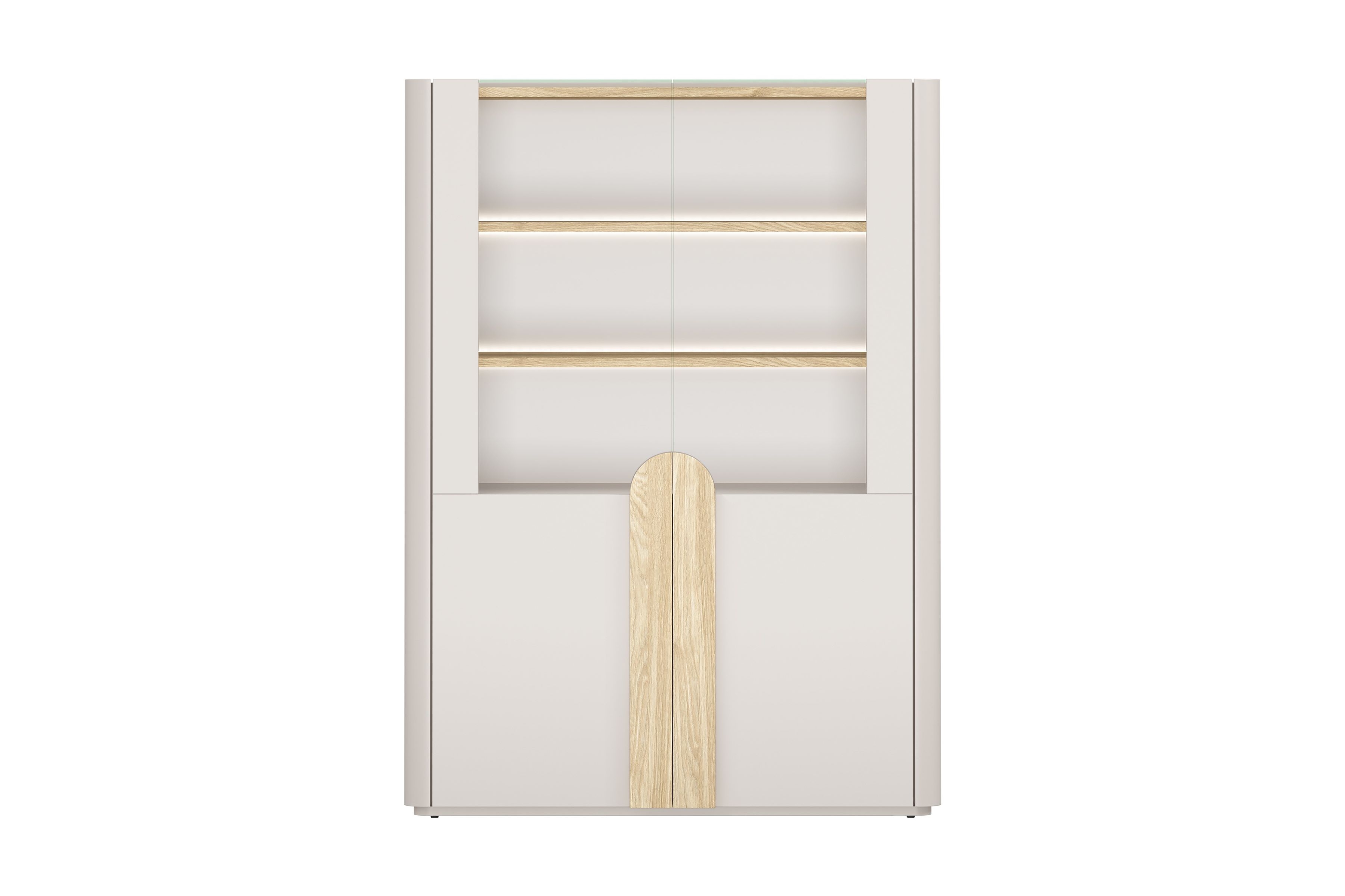 Vitrína Amilio 100 cm - kašmír / olejovaný dub / úchytky svetlý dub Vitrína Amilio do obývacej izby 100 cm - kašmír / Dub olejowany / úchyty Svetlý dub