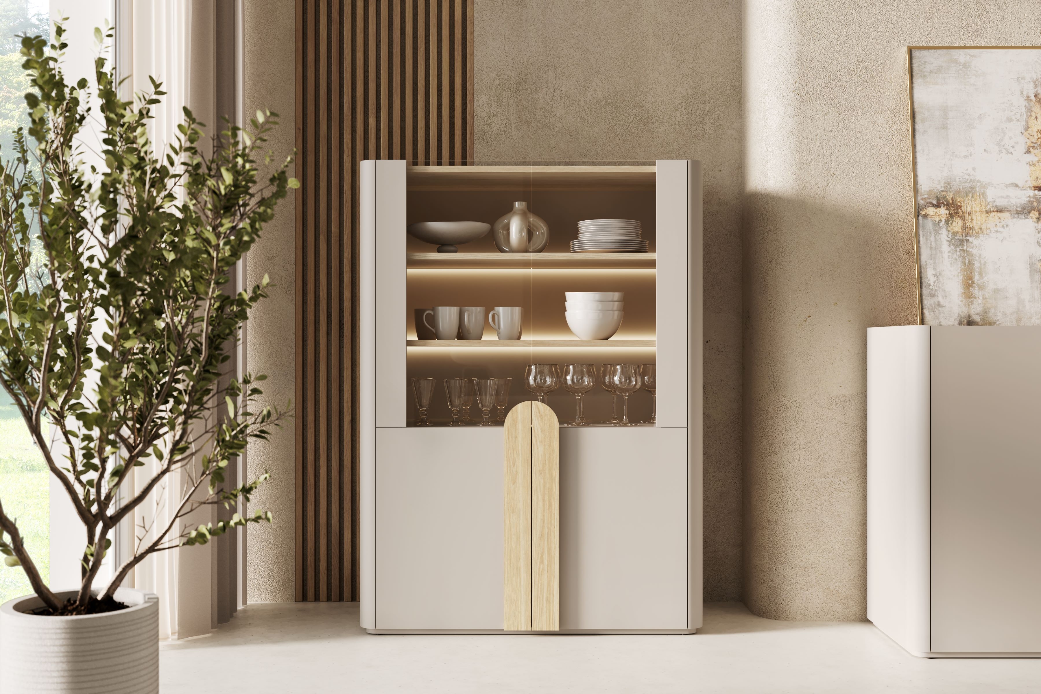 Vitrína Amilio 100 cm - kašmír / olejovaný dub / úchytky svetlý dub Vitrína Amilio do obývacej izby 100 cm - kašmír / Dub olejowany / úchyty Svetlý dub