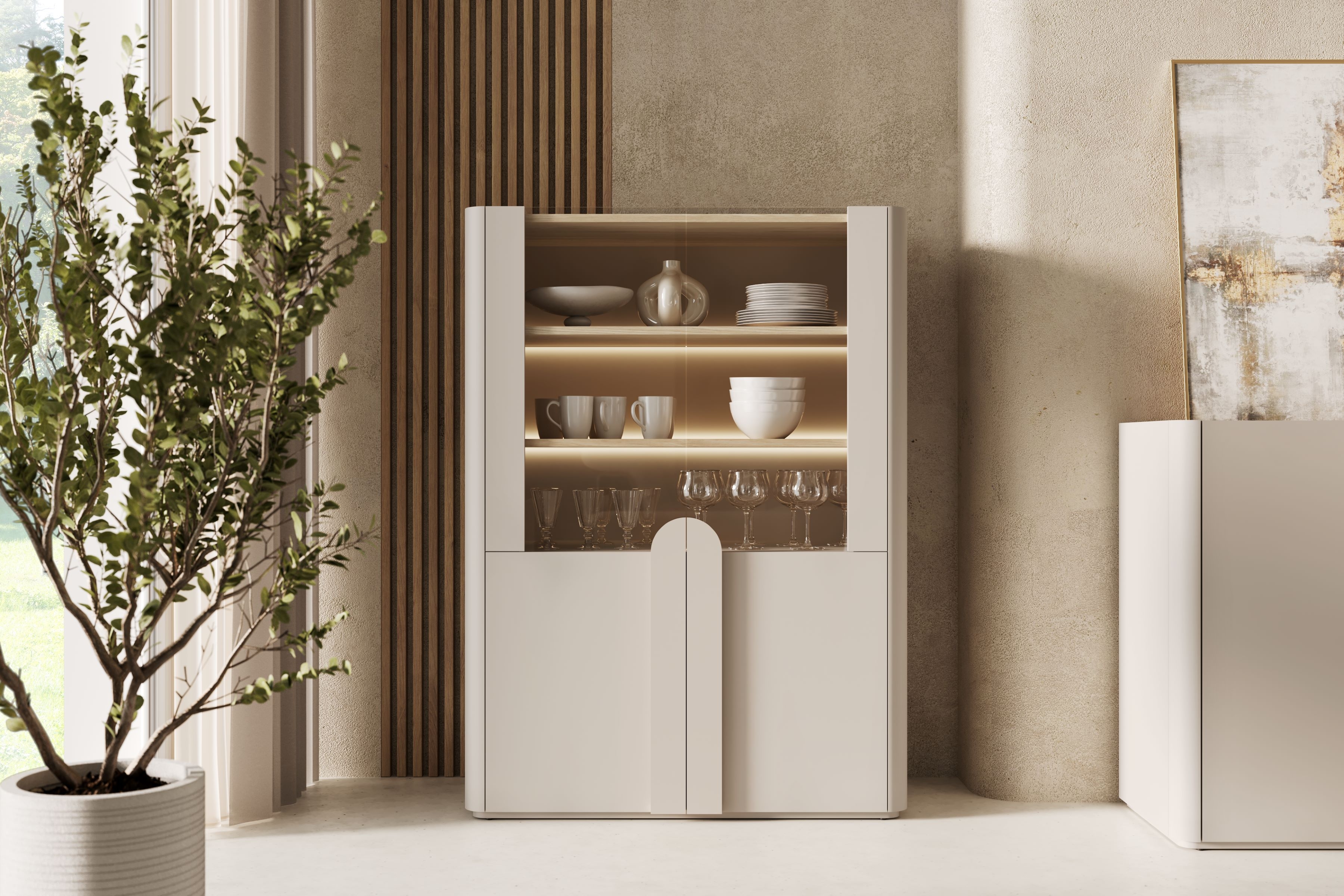 Vitrína Amilio 100 cm - kašmír / olejovaný dub / úchytky kašmír Vitrína Amilio do obývacej izby 100 cm - kašmír / Dub olejowany / úchyty kašmír