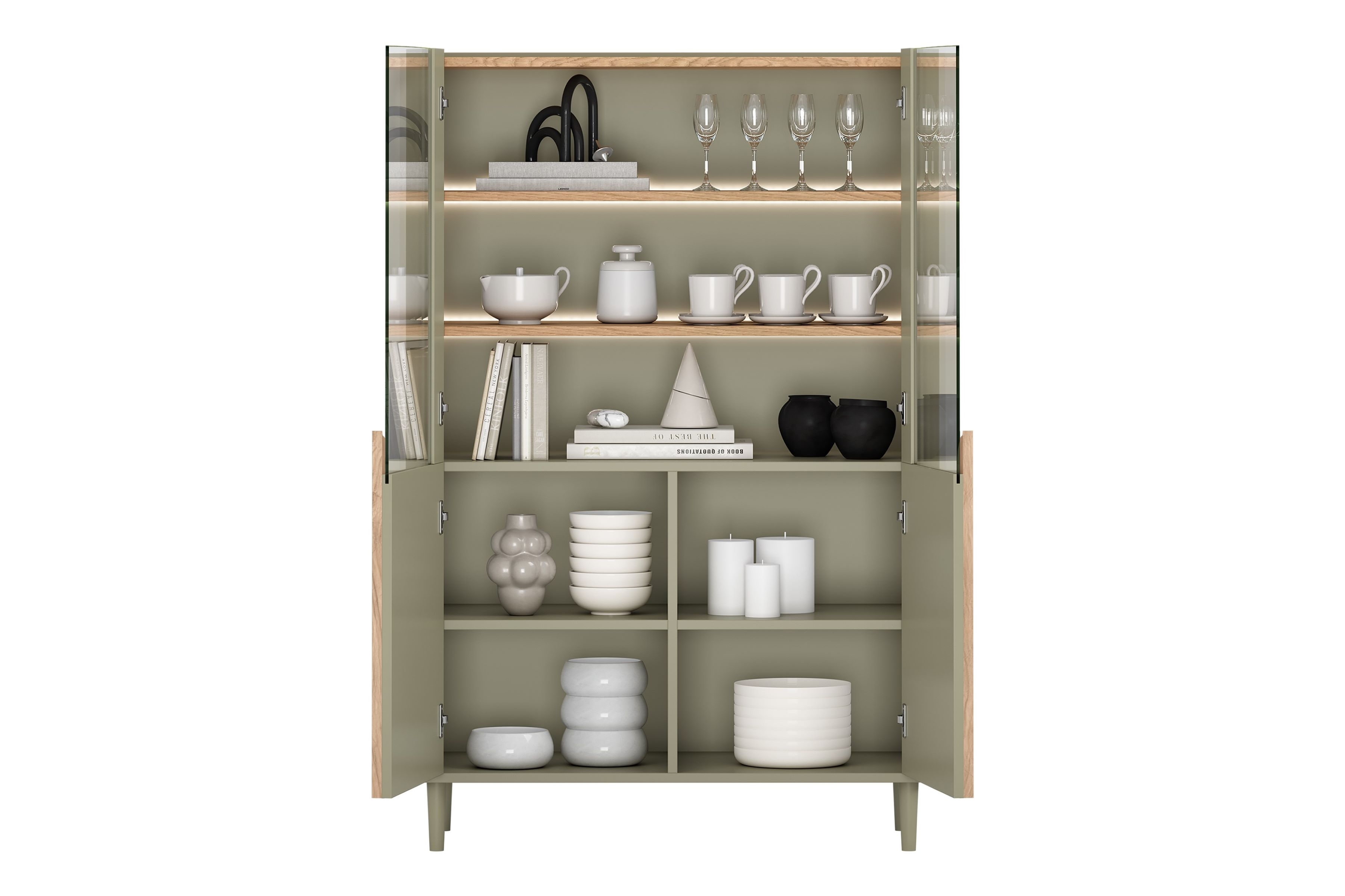 Vitrína Amilio 100 cm - eukalyptus / dub baltic dune / úchytky dub prírodný Vitrína Amilio do obývacej izby 100 cm na nôžkach - eukaliptus / Dub baltic dune / úchyty Dub prírodné