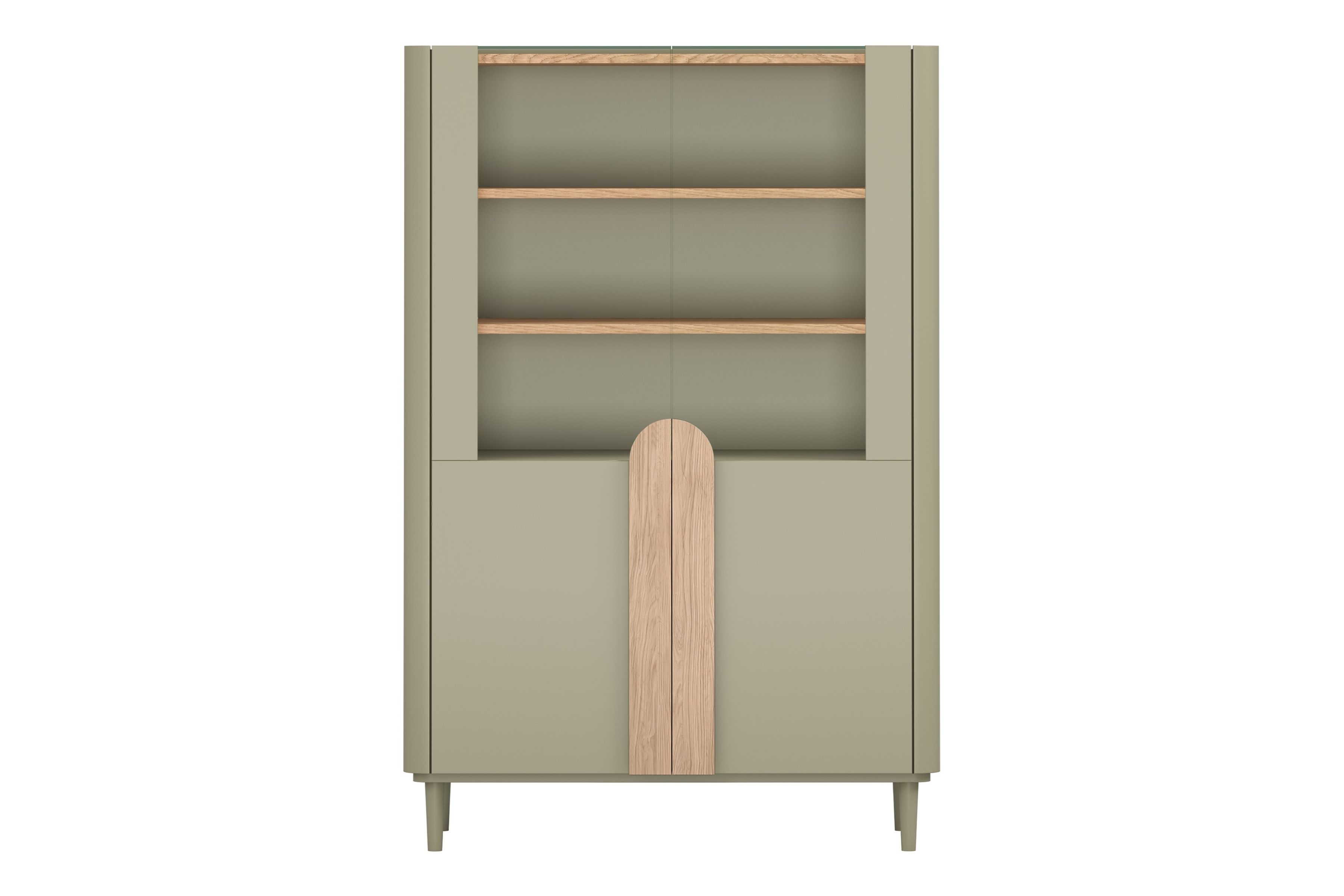 Vitrína Amilio 100 cm - eukalyptus / dub baltic dune / úchytky dub prírodný Vitrína Amilio do obývacej izby 100 cm na nôžkach - eukaliptus / Dub baltic dune / úchyty Dub prírodné