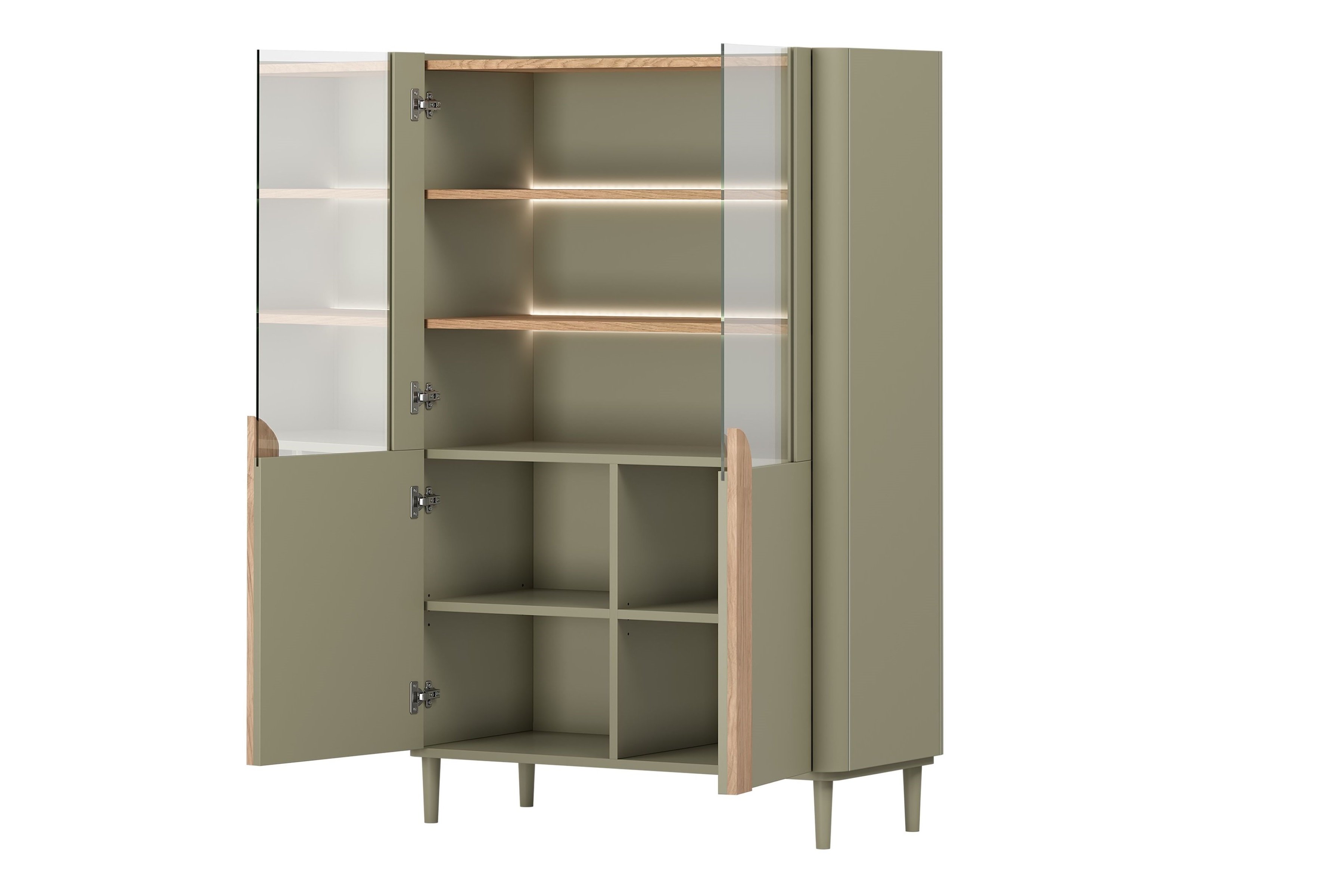 Vitrína Amilio 100 cm - eukalyptus / dub baltic dune / úchytky dub prírodný Vitrína Amilio do obývacej izby 100 cm na nôžkach - eukaliptus / Dub baltic dune / úchyty Dub prírodné