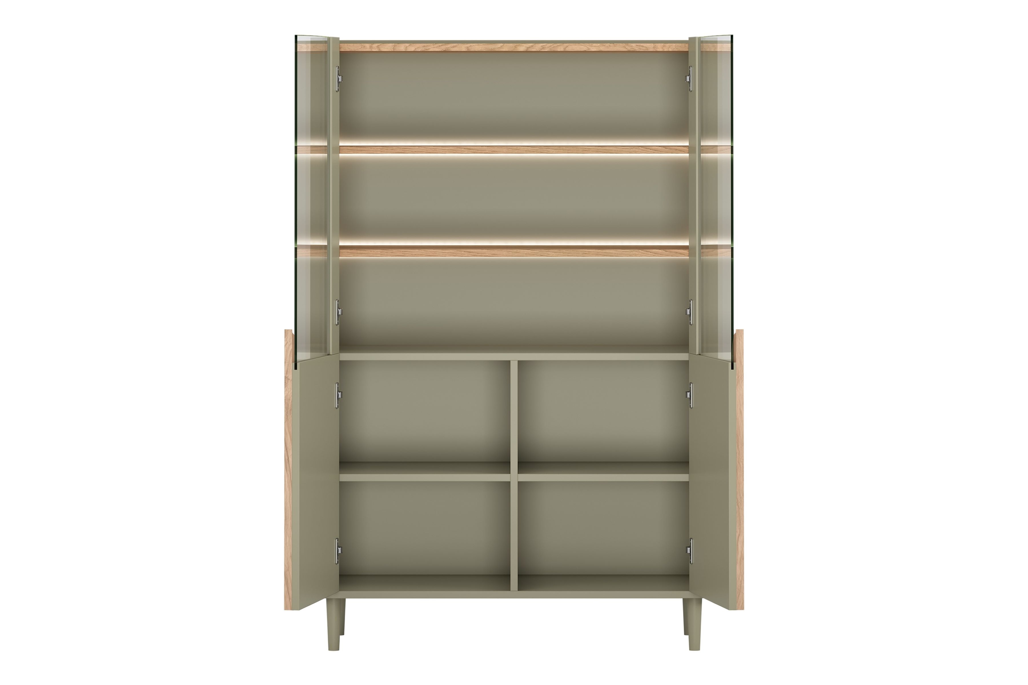 Vitrína Amilio 100 cm - eukalyptus / dub baltic dune / úchytky dub prírodný Vitrína Amilio do obývacej izby 100 cm na nôžkach - eukaliptus / Dub baltic dune / úchyty Dub prírodné