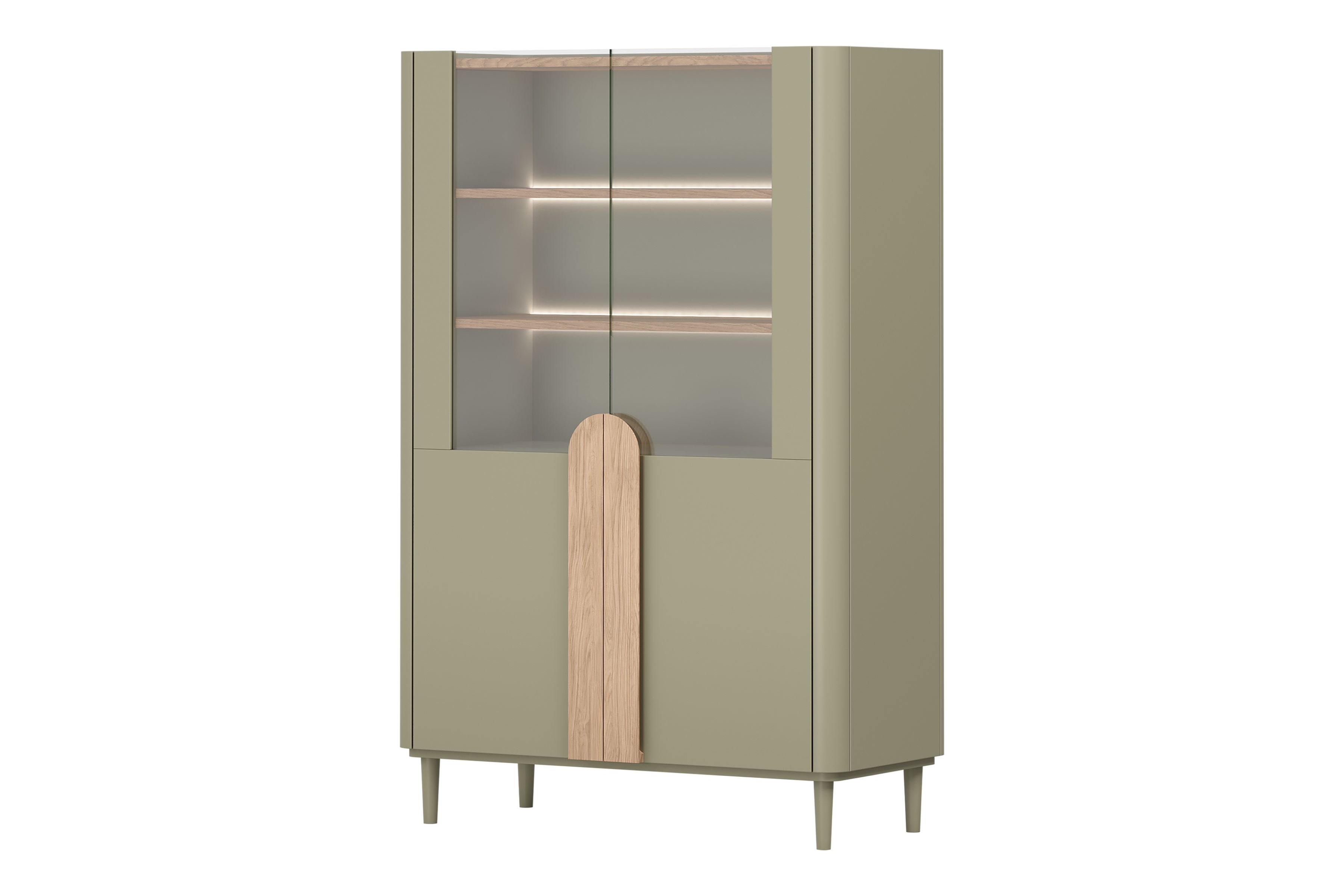 Vitrína Amilio 100 cm - eukalyptus / dub baltic dune / úchytky dub prírodný Vitrína Amilio do obývacej izby 100 cm na nôžkach - eukaliptus / Dub baltic dune / úchyty Dub prírodné