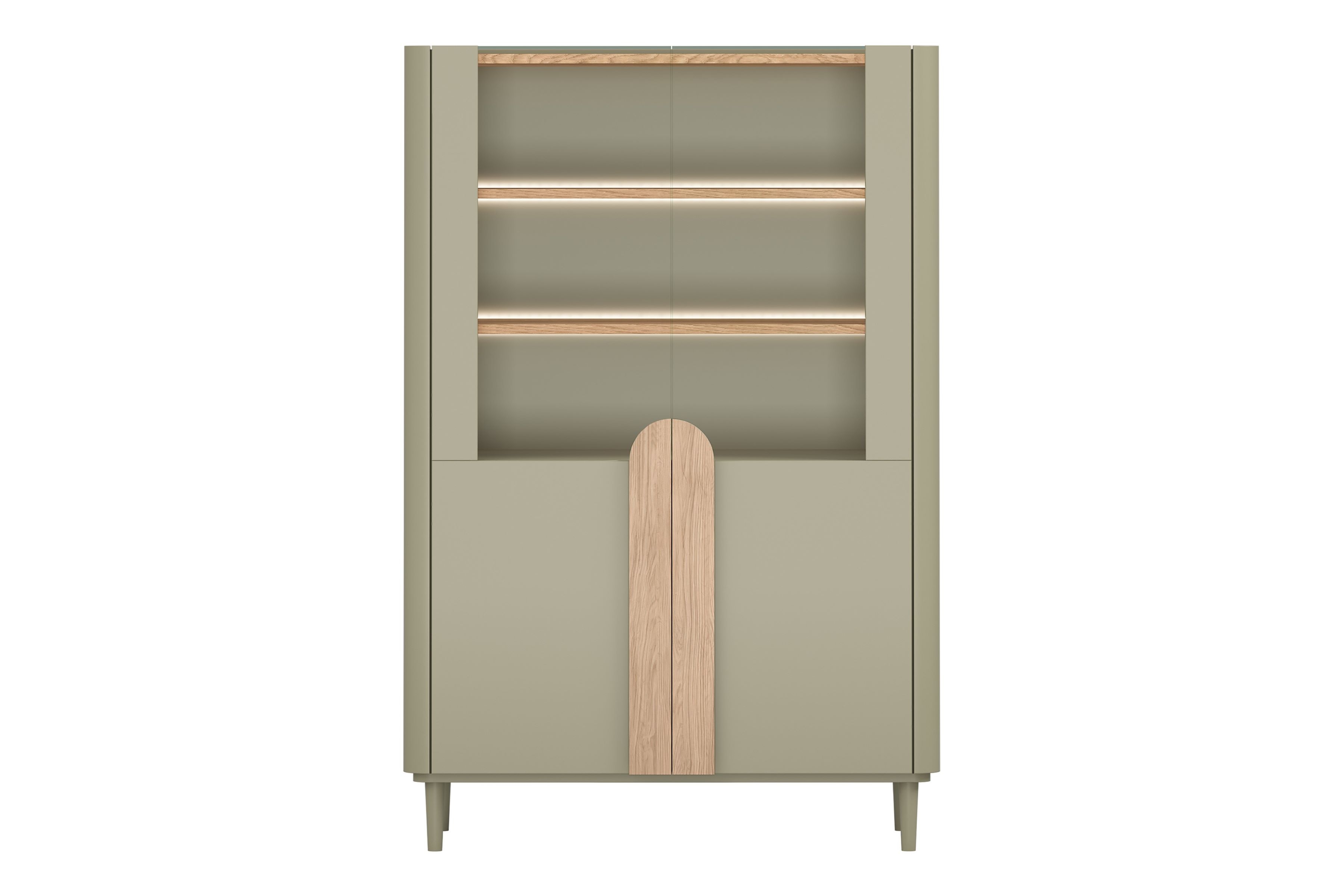 Vitrína Amilio 100 cm - eukalyptus / dub baltic dune / úchytky dub prírodný Vitrína Amilio do obývacej izby 100 cm na nôžkach - eukaliptus / Dub baltic dune / úchyty Dub prírodné