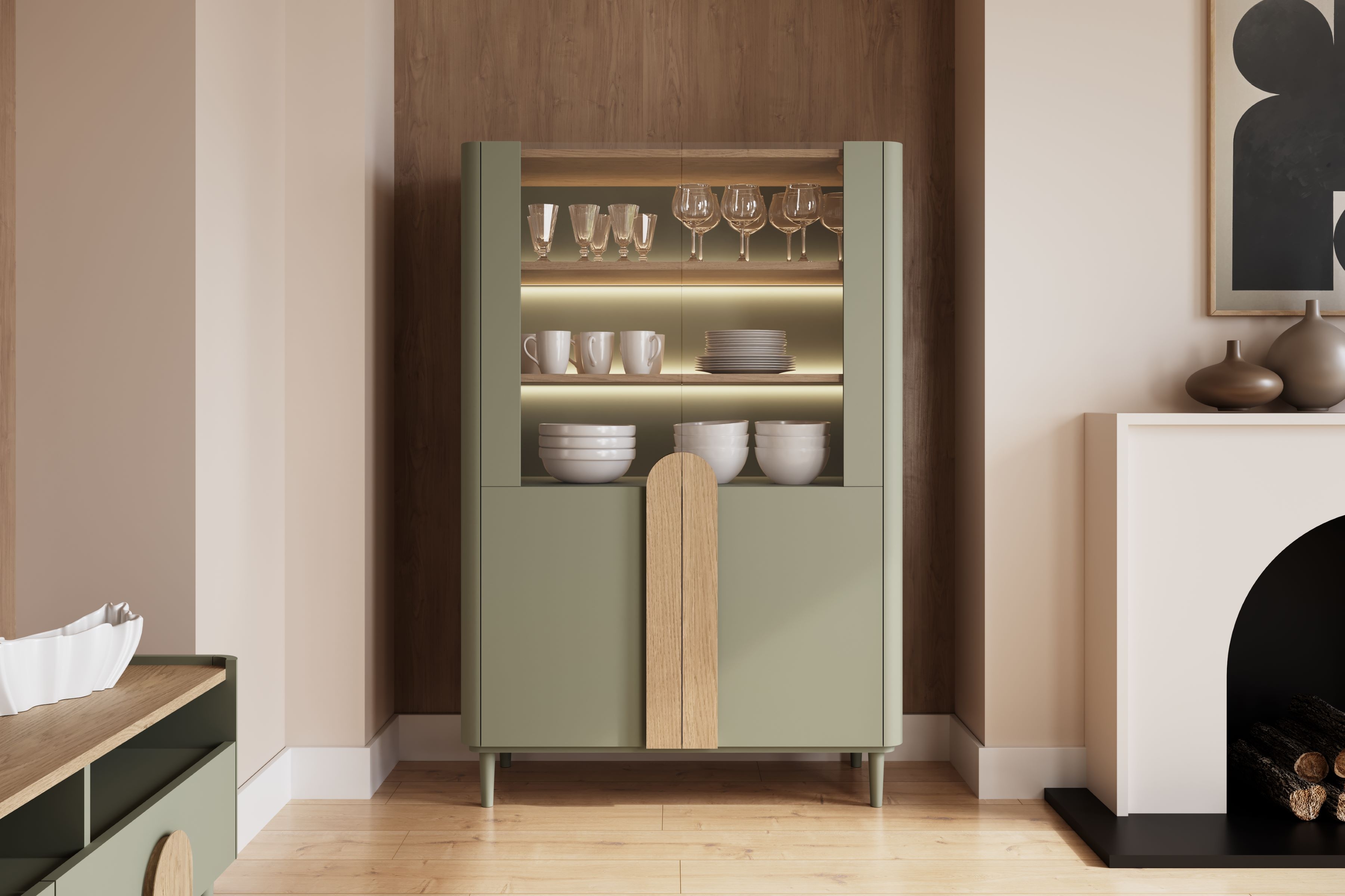 Vitrína Amilio 100 cm - eukalyptus / dub baltic dune / úchytky dub prírodný Vitrína Amilio do obývacej izby 100 cm na nôžkach - eukaliptus / Dub baltic dune / úchyty Dub prírodné