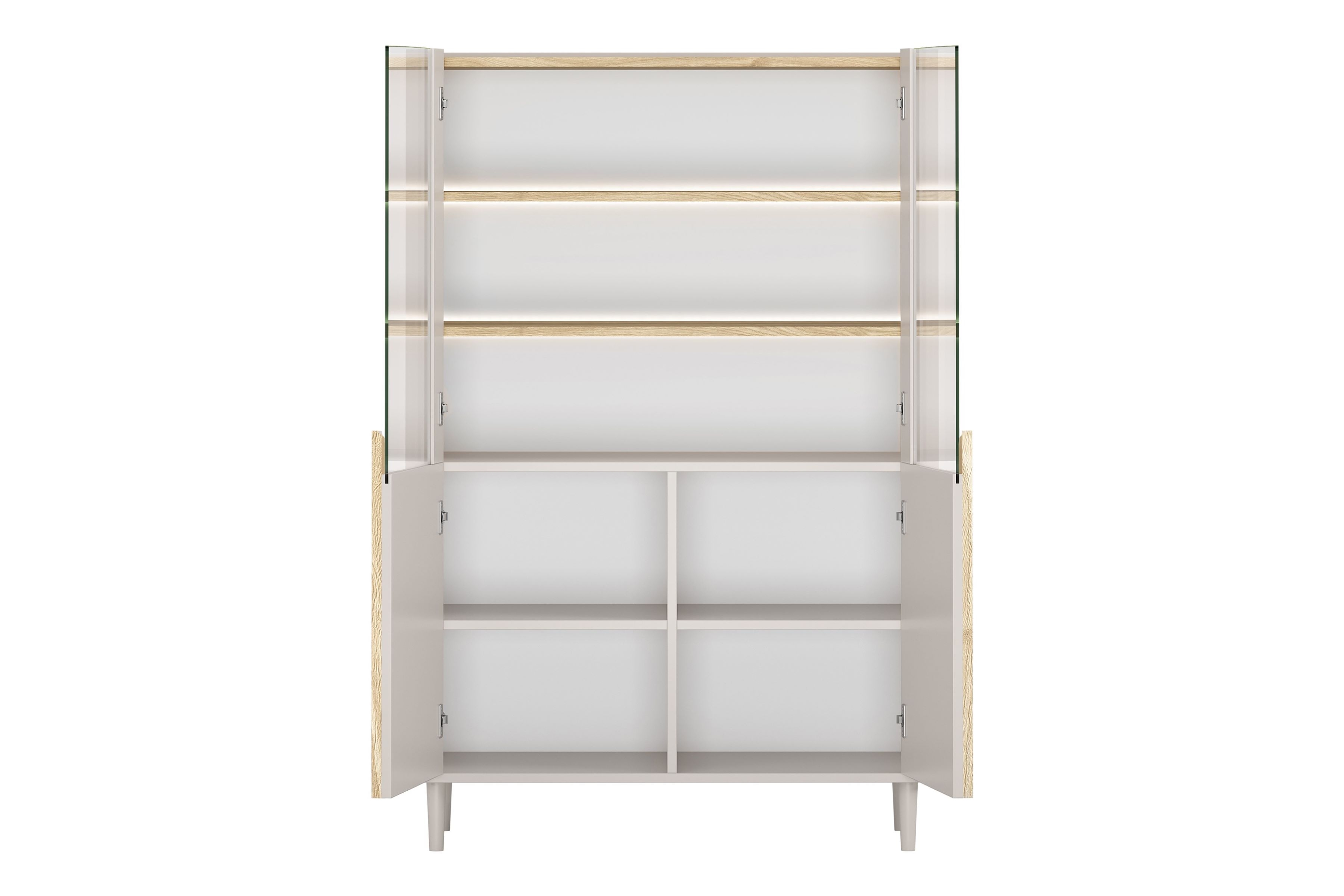 Vitrína Amilio 100 cm - kašmír / olejovaný dub / úchytky svetlý dub Vitrína Amilio do obývacej izby 100 cm na nôžkach - kašmír / Dub olejowany / úchyty Svetlý dub