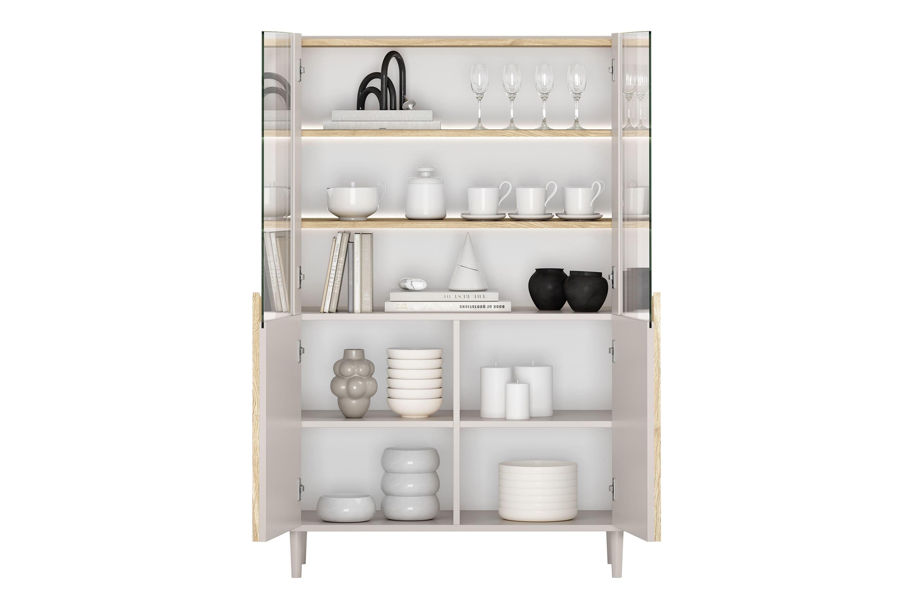 Vitrína Amilio 100 cm - kašmír / olejovaný dub / úchytky svetlý dub Vitrína Amilio do obývacej izby 100 cm na nôžkach - kašmír / Dub olejowany / úchyty Svetlý dub