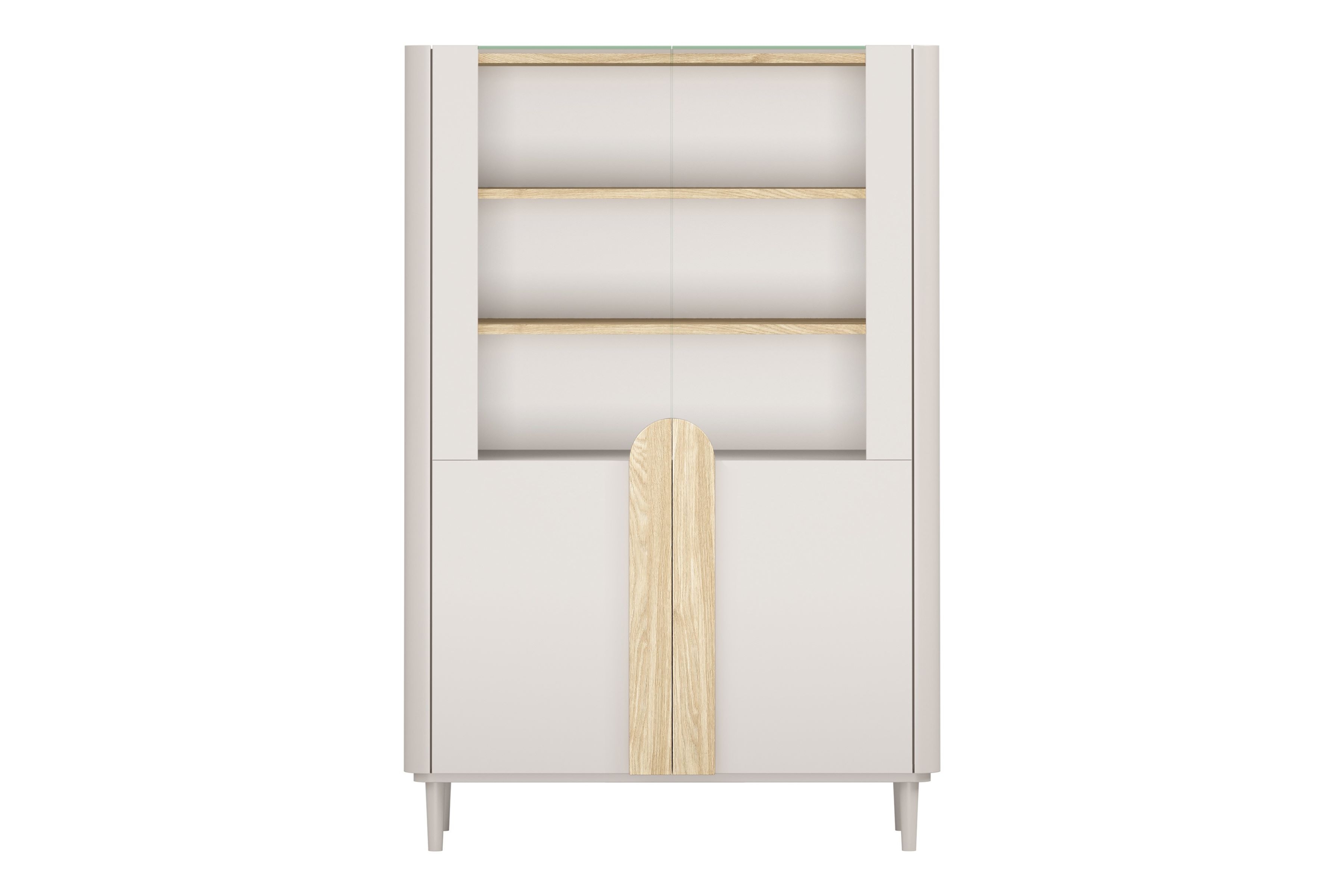 Vitrína Amilio 100 cm - kašmír / olejovaný dub / úchytky svetlý dub Vitrína Amilio do obývacej izby 100 cm na nôžkach - kašmír / Dub olejowany / úchyty Svetlý dub