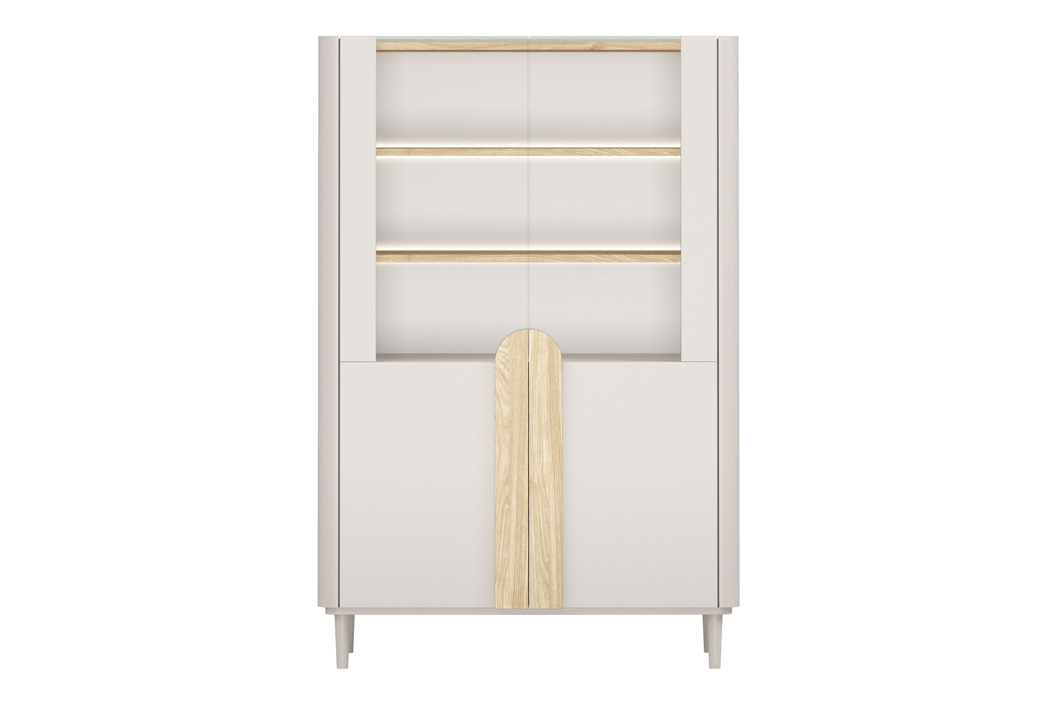 Vitrína Amilio 100 cm - kašmír / olejovaný dub / úchytky svetlý dub Vitrína Amilio do obývacej izby 100 cm na nôžkach - kašmír / Dub olejowany / úchyty Svetlý dub