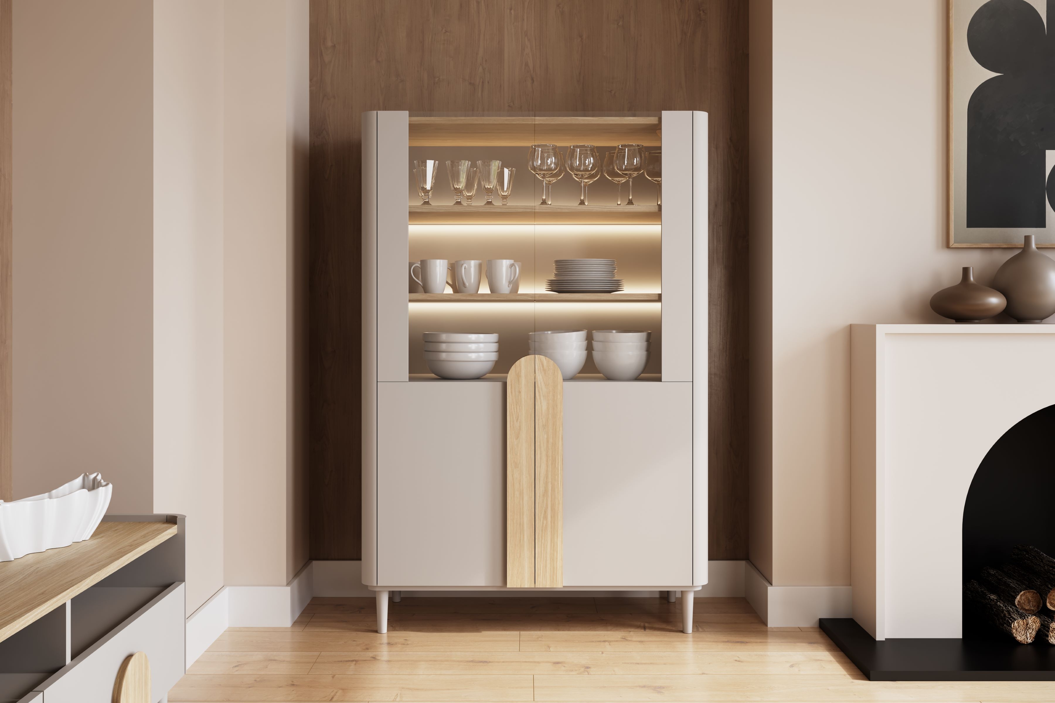 Vitrína Amilio 100 cm - kašmír / olejovaný dub / úchytky svetlý dub Vitrína Amilio do obývacej izby 100 cm na nôžkach - kašmír / Dub olejowany / úchyty Svetlý dub