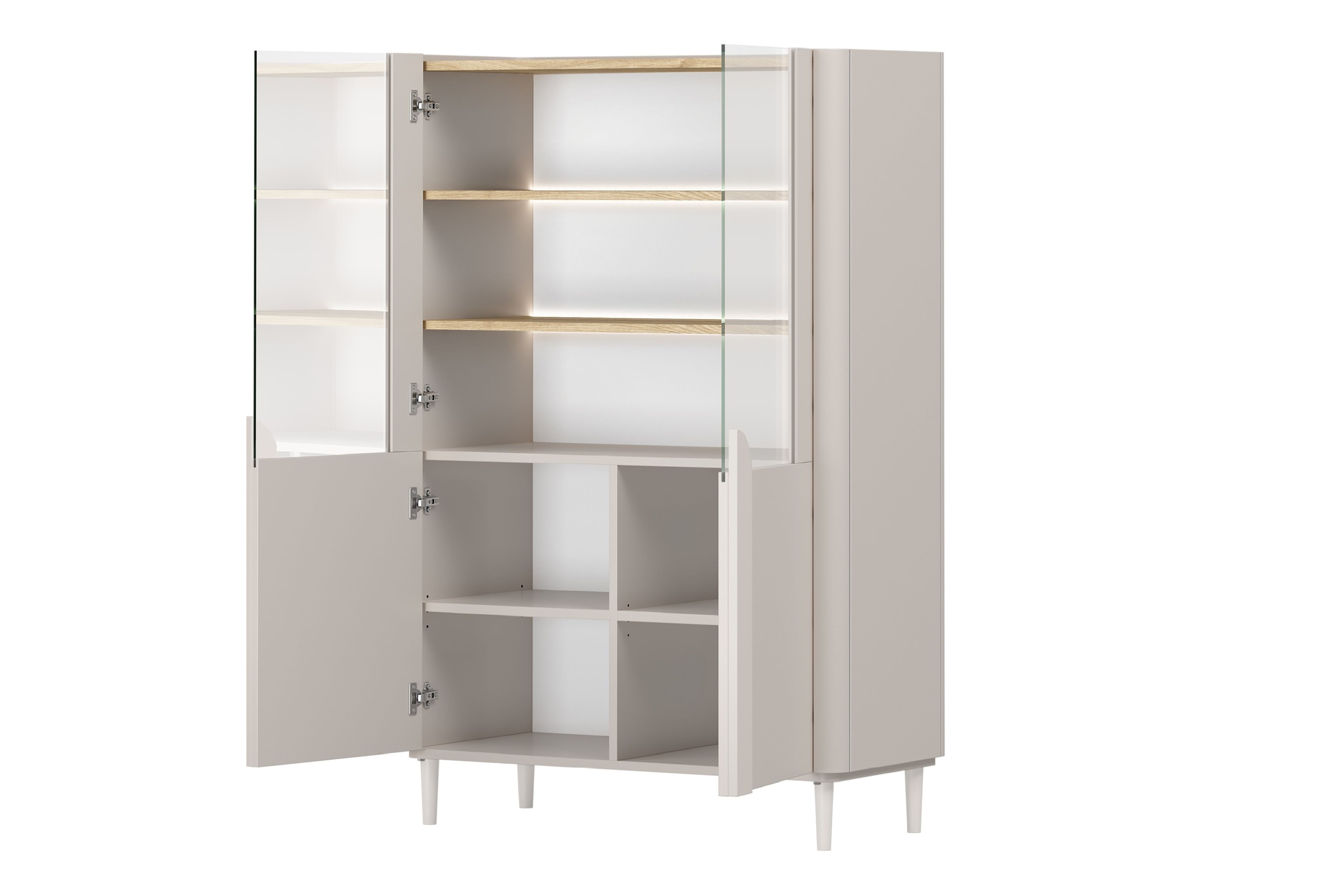 Vitrína Amilio do obývacej izby 100 cm na nôžkach - kašmír / Dub olejowany / úchyty kašmír Vitrína Amilio do obývacej izby 100 cm na nôžkach - kašmír / Dub olejowany / úchyty kašmír