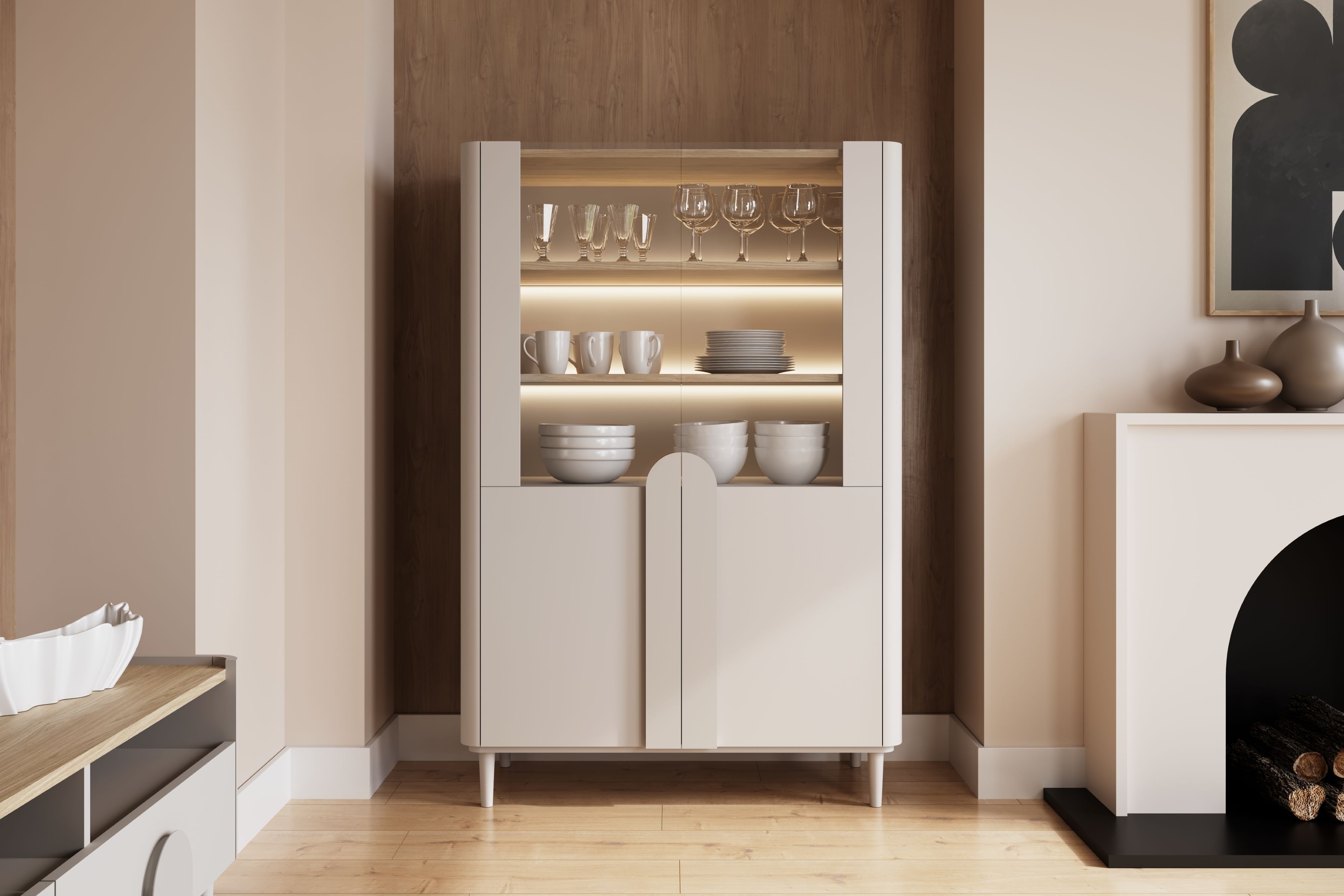 Vitrína Amilio do obývacej izby 100 cm na nôžkach - kašmír / Dub olejowany / úchyty kašmír Vitrína Amilio do obývacej izby 100 cm na nôžkach - kašmír / Dub olejowany / úchyty kašmír