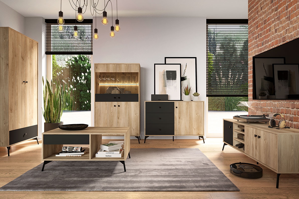 Vitrína Verlin 03 s osvetlením LED 90 cm - Dub castello / Čierny Vitrína do izby dziennego