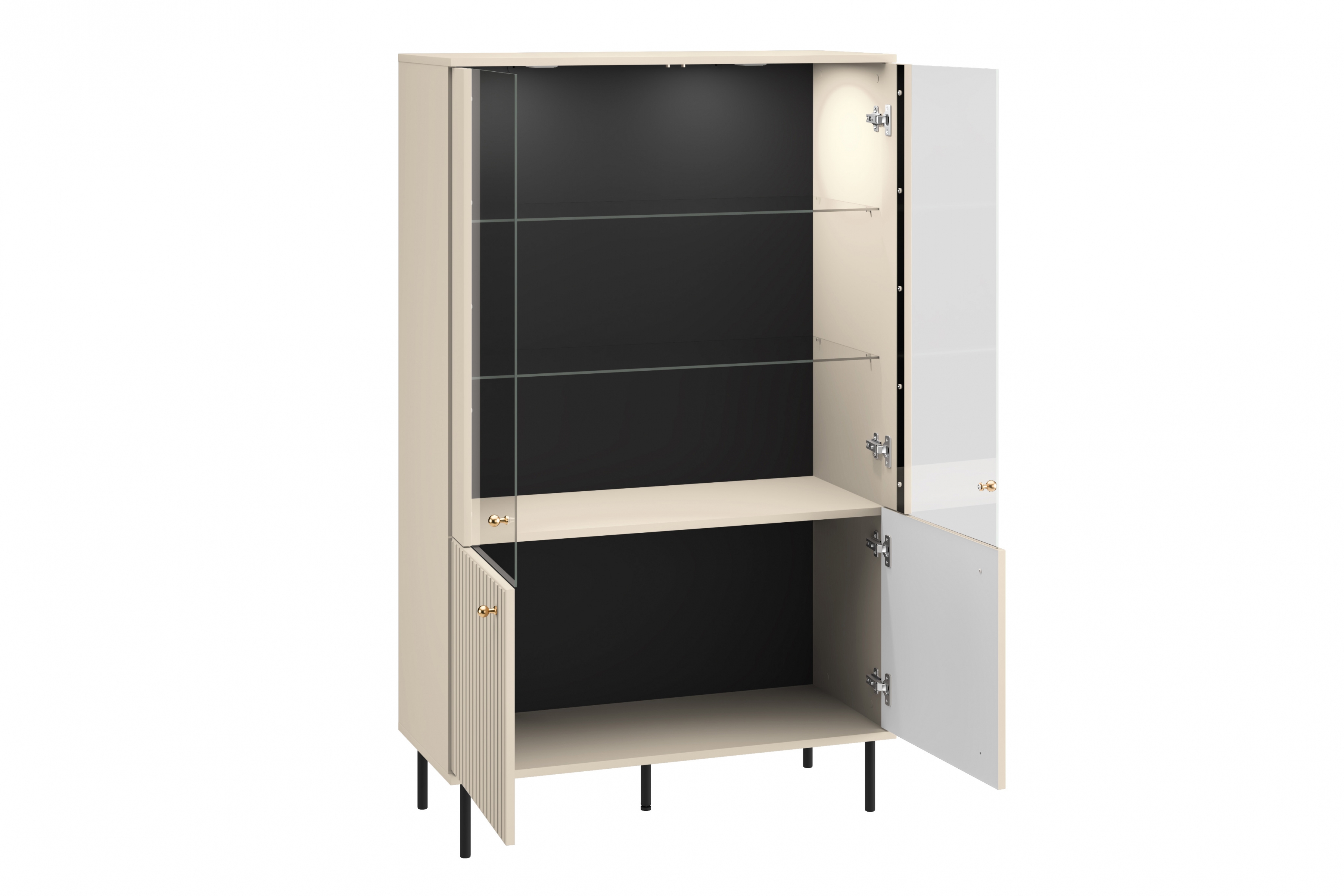 Stojací vitrína Jamuzi 92 cm - kašmírová / černé nožky Vitrína čtyřdveřová Jamuzi 03 s frézovanou přední částí - kašmír / černá nozki