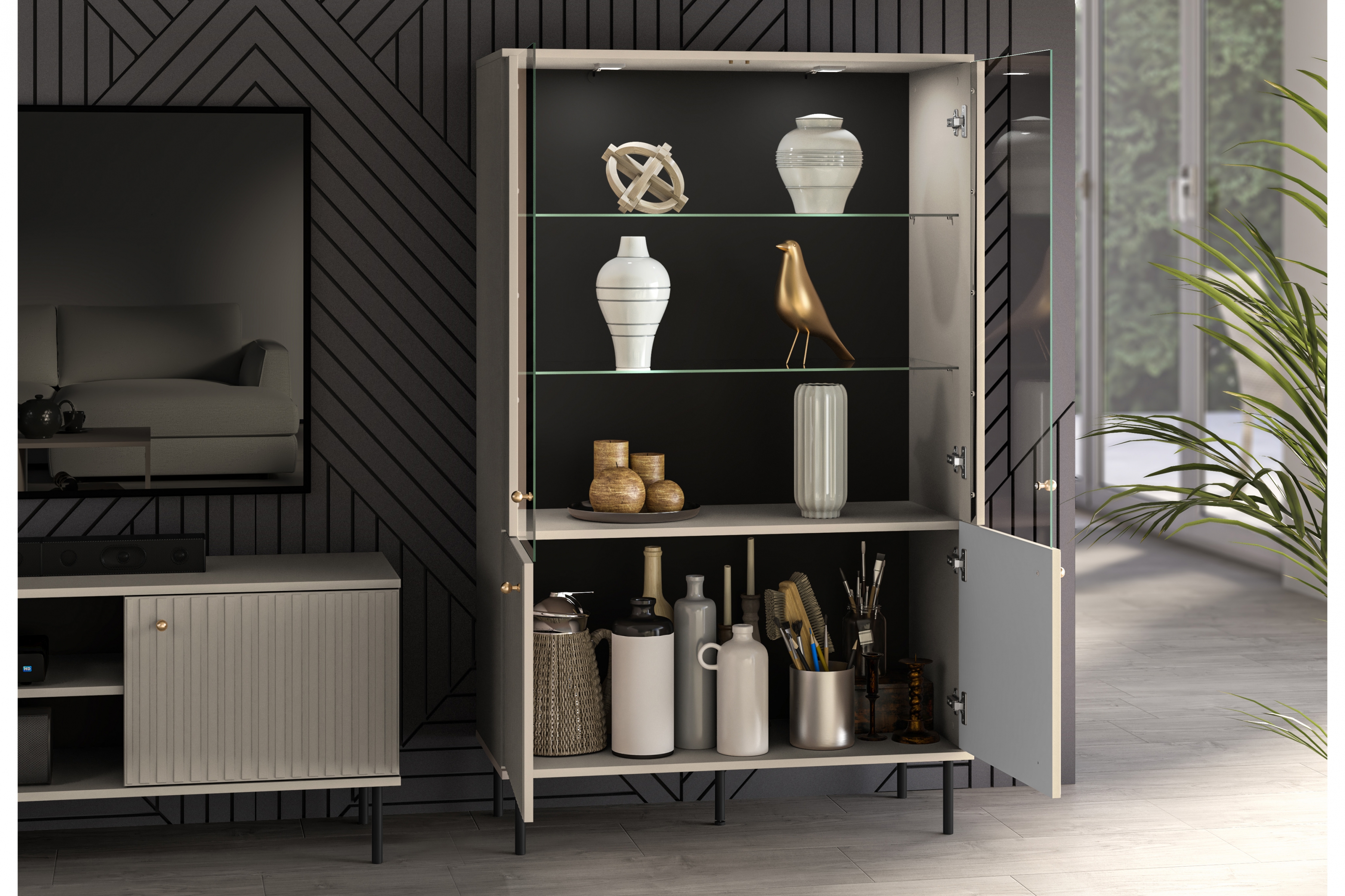 Stojací vitrína Jamuzi 92 cm - kašmírová / černé nožky Vitrína čtyřdveřová Jamuzi 03 s frézovanou přední částí - kašmír / černá nozki