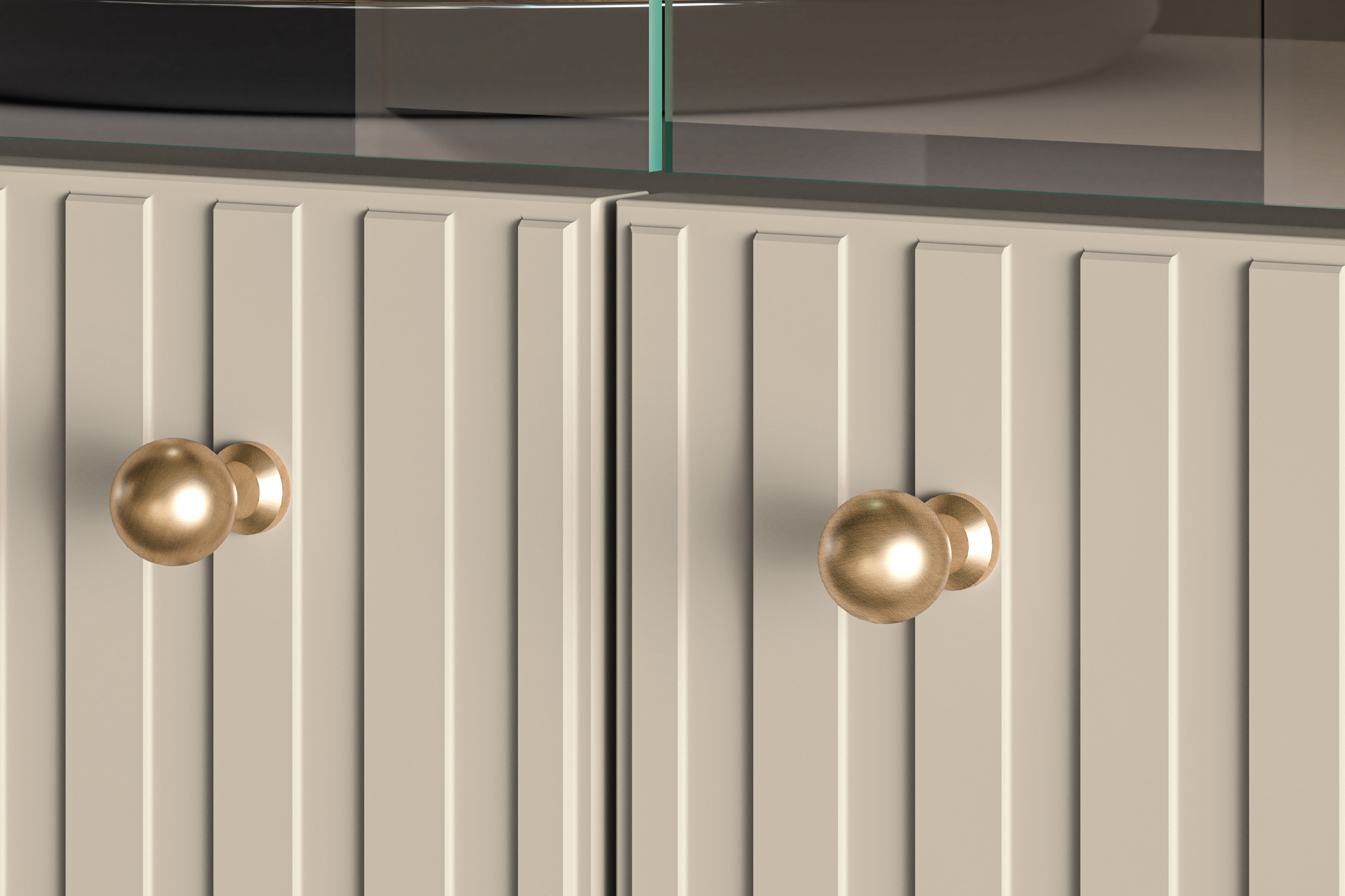 Stojací vitrína Jamuzi 92 cm - kašmírová / černé nožky Vitrína čtyřdveřová Jamuzi 03 s frézovanou přední částí - kašmír / černá nozki