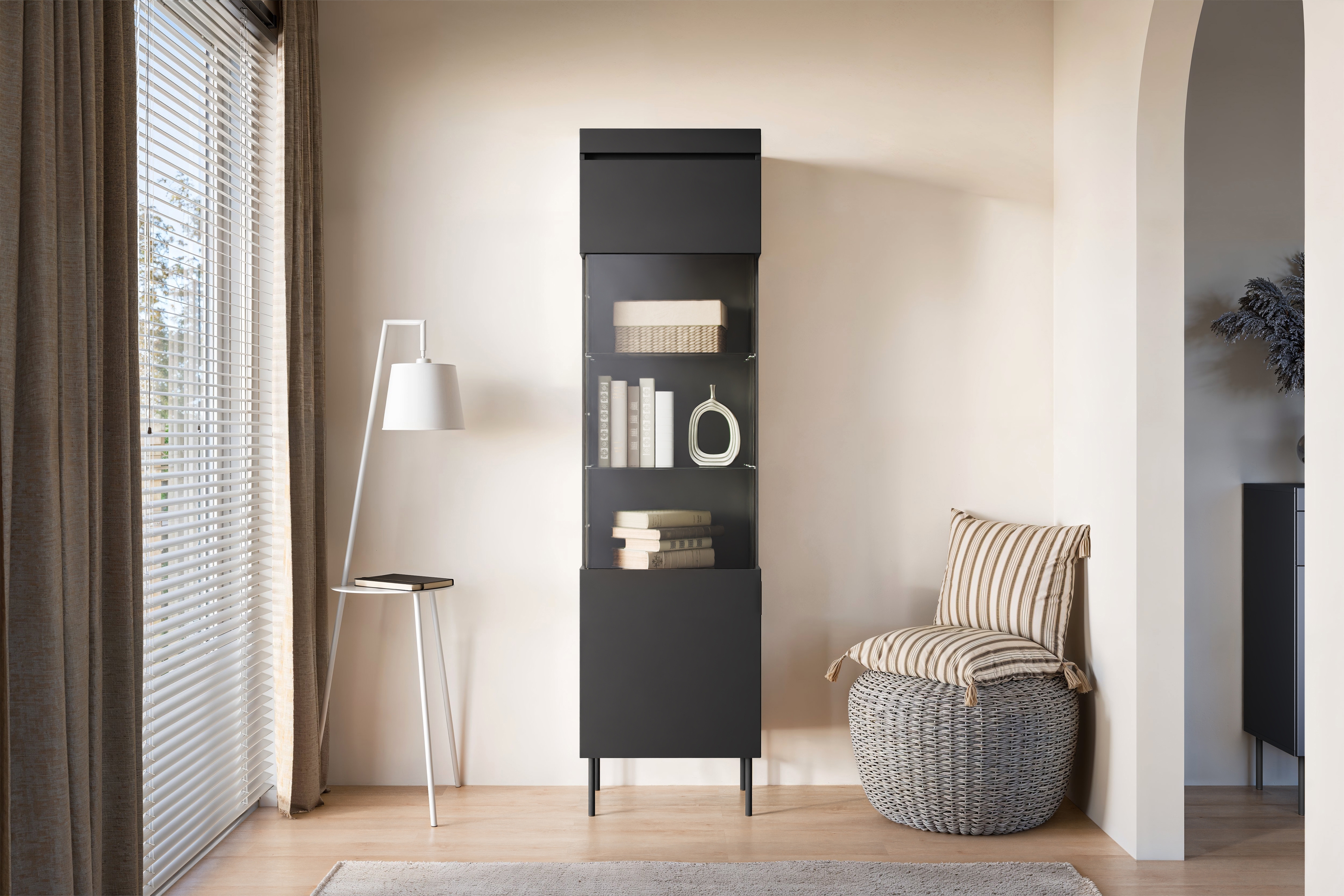 Vitrína Sentia 53 cm - černá / černá Vitrína pro obývacího pokoje Sentia 1D - černá mat / černá 