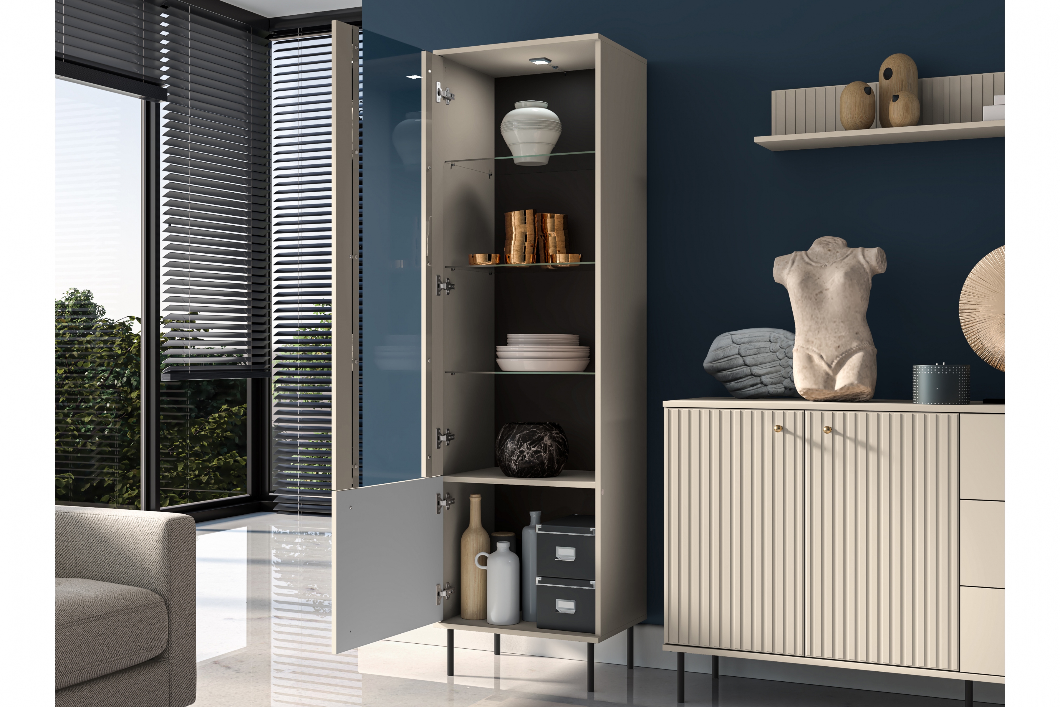 Vitrína Jamuzi 55 cm - kašmír / čierne nožičky Vitrína dvojdverová Jamuzi 02 s frézovaným frontom - kašmír / čierny nozki