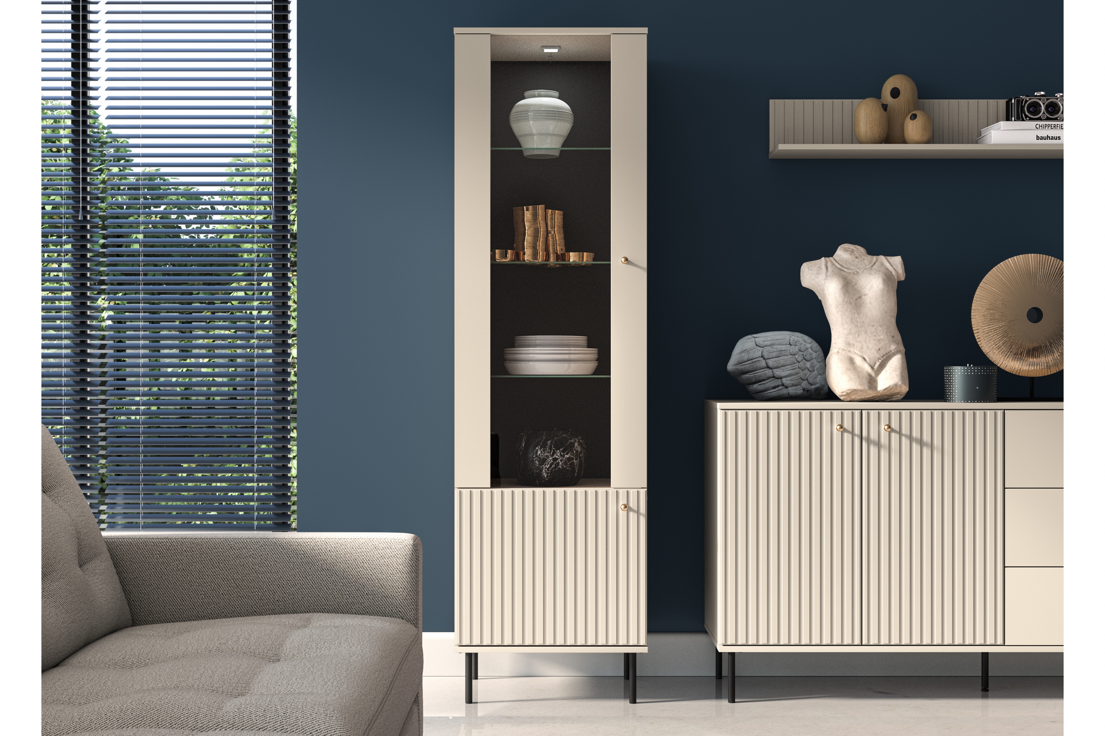 Vitrína Jamuzi 55 cm - kašmír / čierne nožičky Vitrína dvojdverová Jamuzi 02 s frézovaným frontom - kašmír / čierny nozki