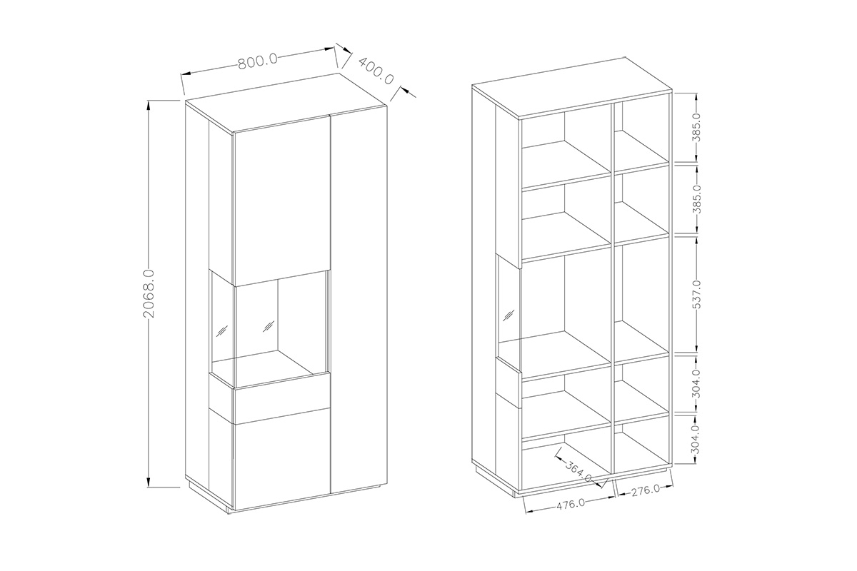 Vitrína dvojdverová ľavá Silke 12 - biely lesk / Dub wotan Vitrína dvojdverová ľavá Silke 12 - biely lesk / Dub wotan - Rozmery