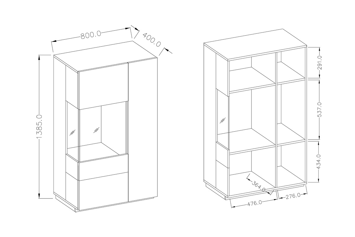 Dvoudveřová vitrína levá Silke 42 - bílý lesk / dub wotan Vitrína dvoudveřová Levá Silke 42 - Bílý lesk / Dub wotan - Rozměry