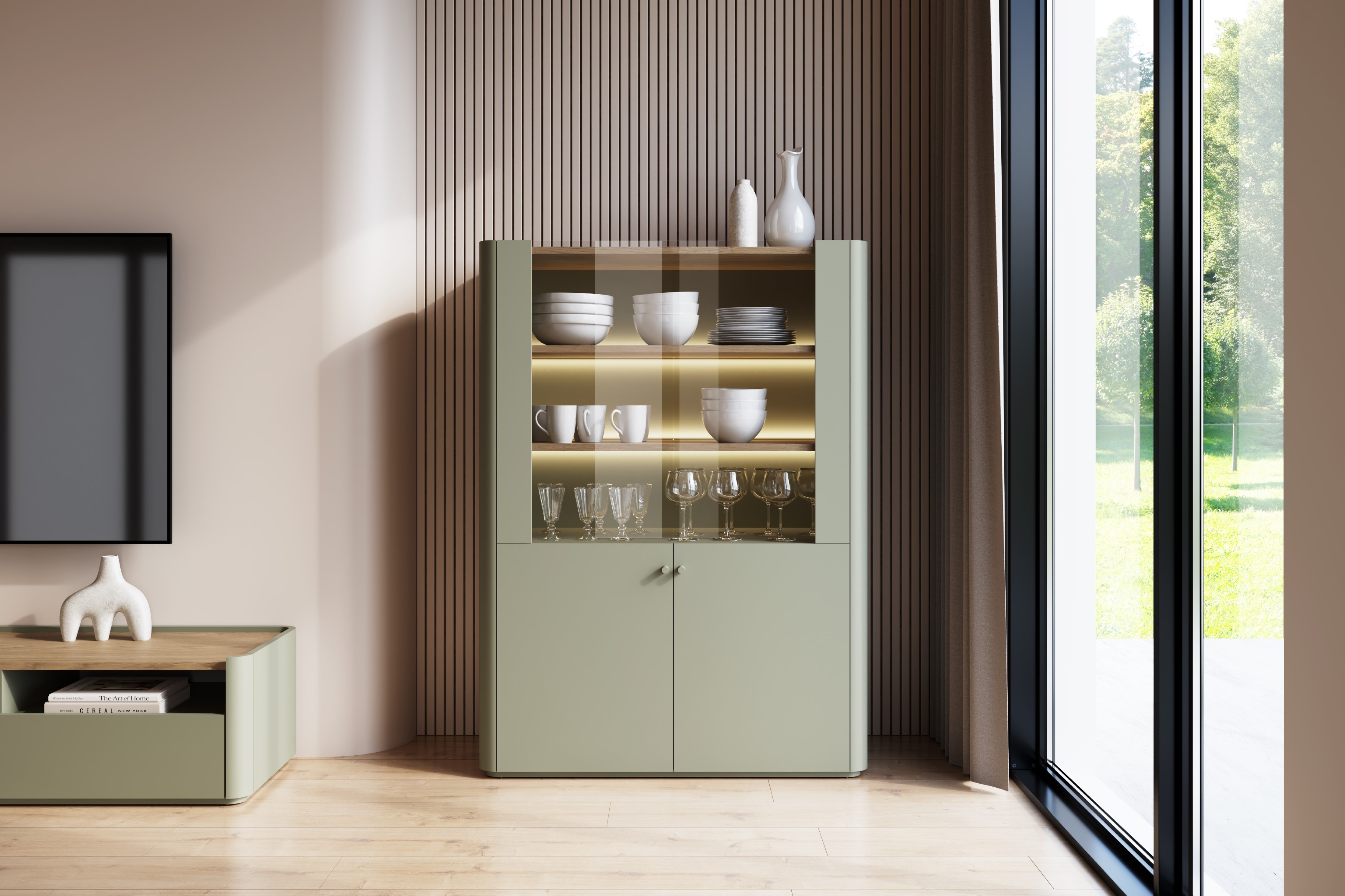 Vitrína Elivo 100 cm - eukalyptus / dub baltic dune Vitrína Elivo 100 cm - eukaliptus / Dub baltic dune