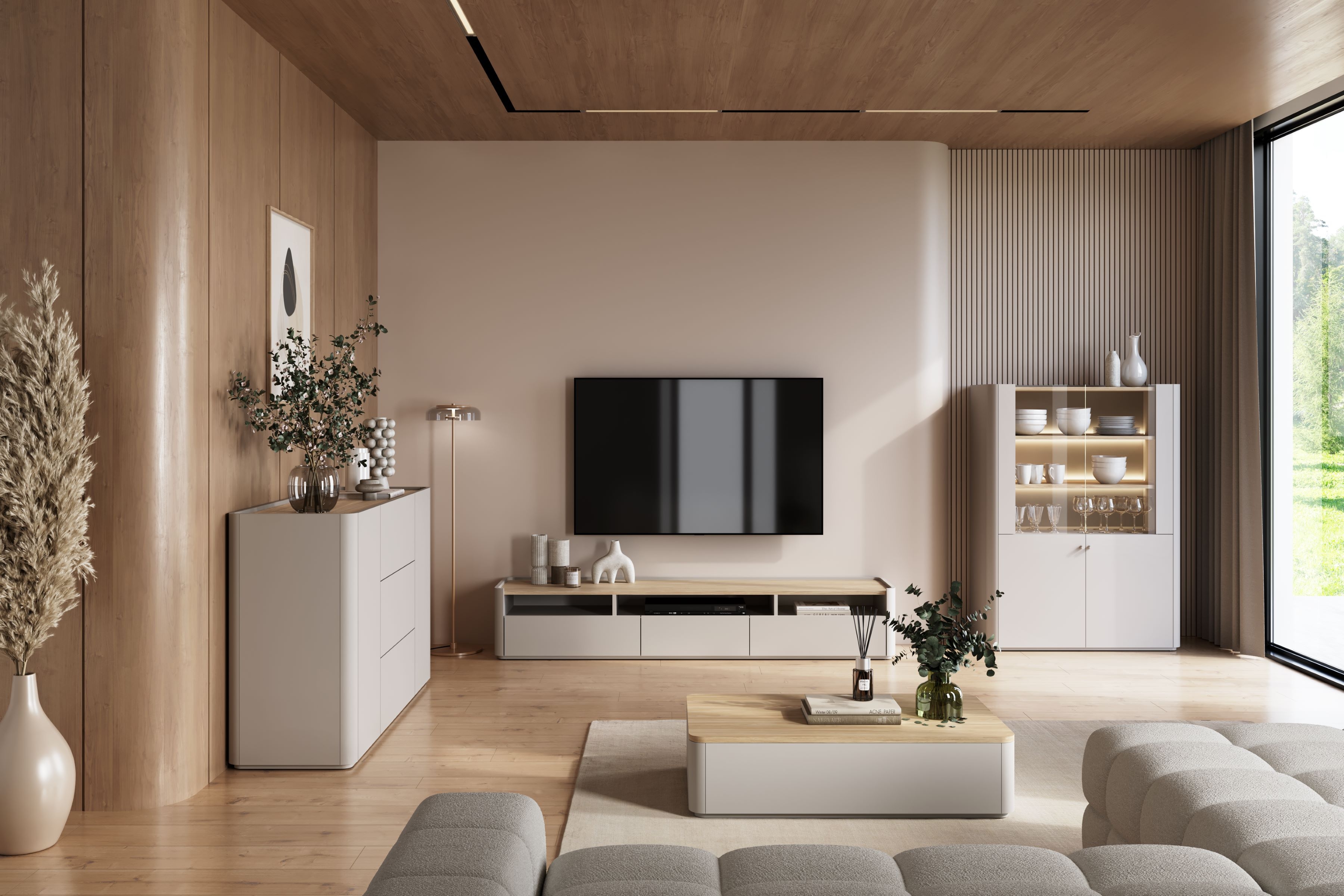 Vitrína Elivo 100 cm - kašmírová / dub olejovaný Vitrína Elivo 100 cm - kašmír / Dub olejowany