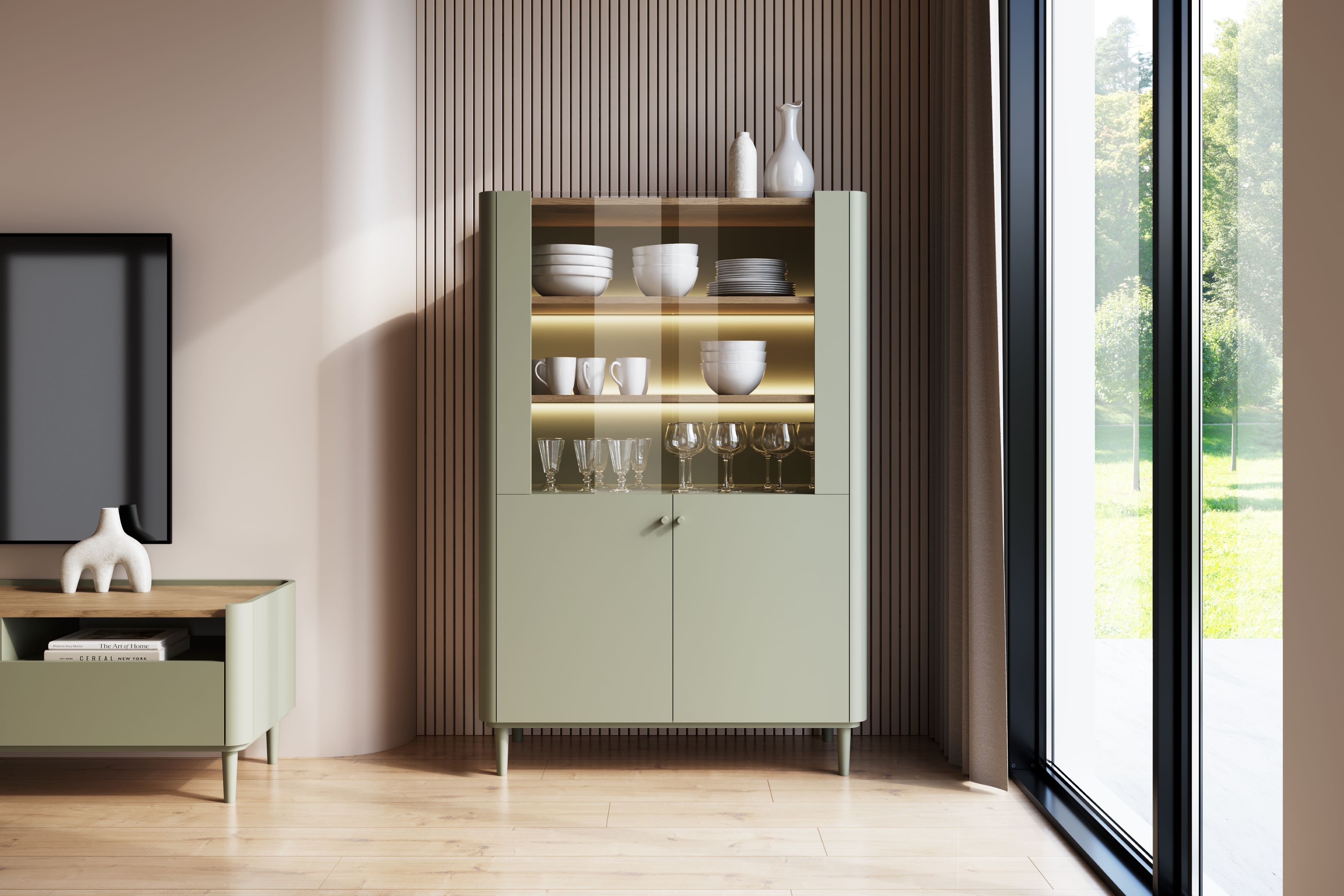 Vitrína Elivo 100 cm na nožkách - eukalyptus / dub baltic dune Vitrína Elivo 100 cm na nožkách - eukaliptus / dub baltic dune