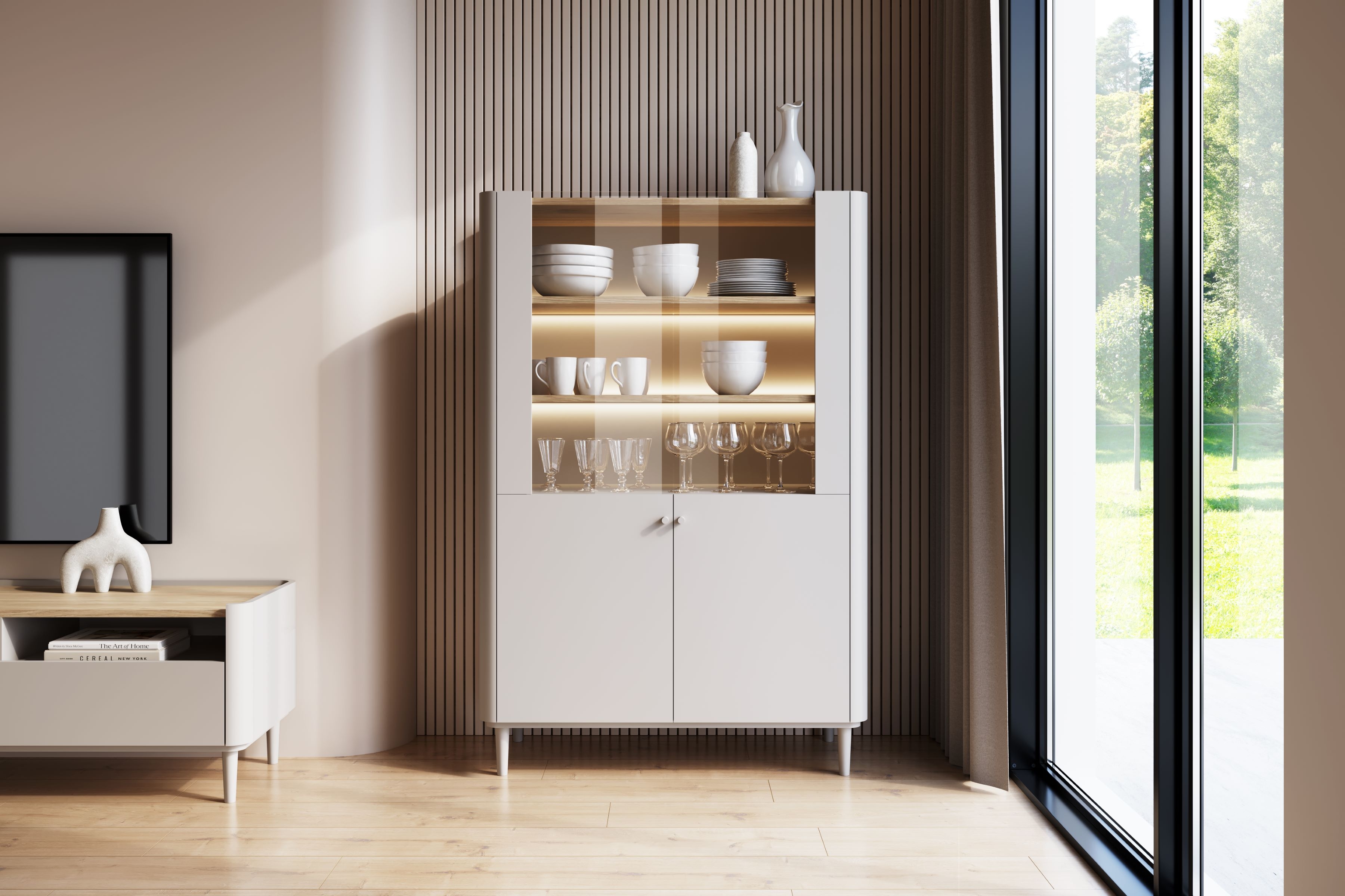 Vitrína Elivo 100 cm na nožičkách - kašmírová / dub olejovaný Vitrína Elivo 100 cm na nôžkach - kašmír / Dub olejowany