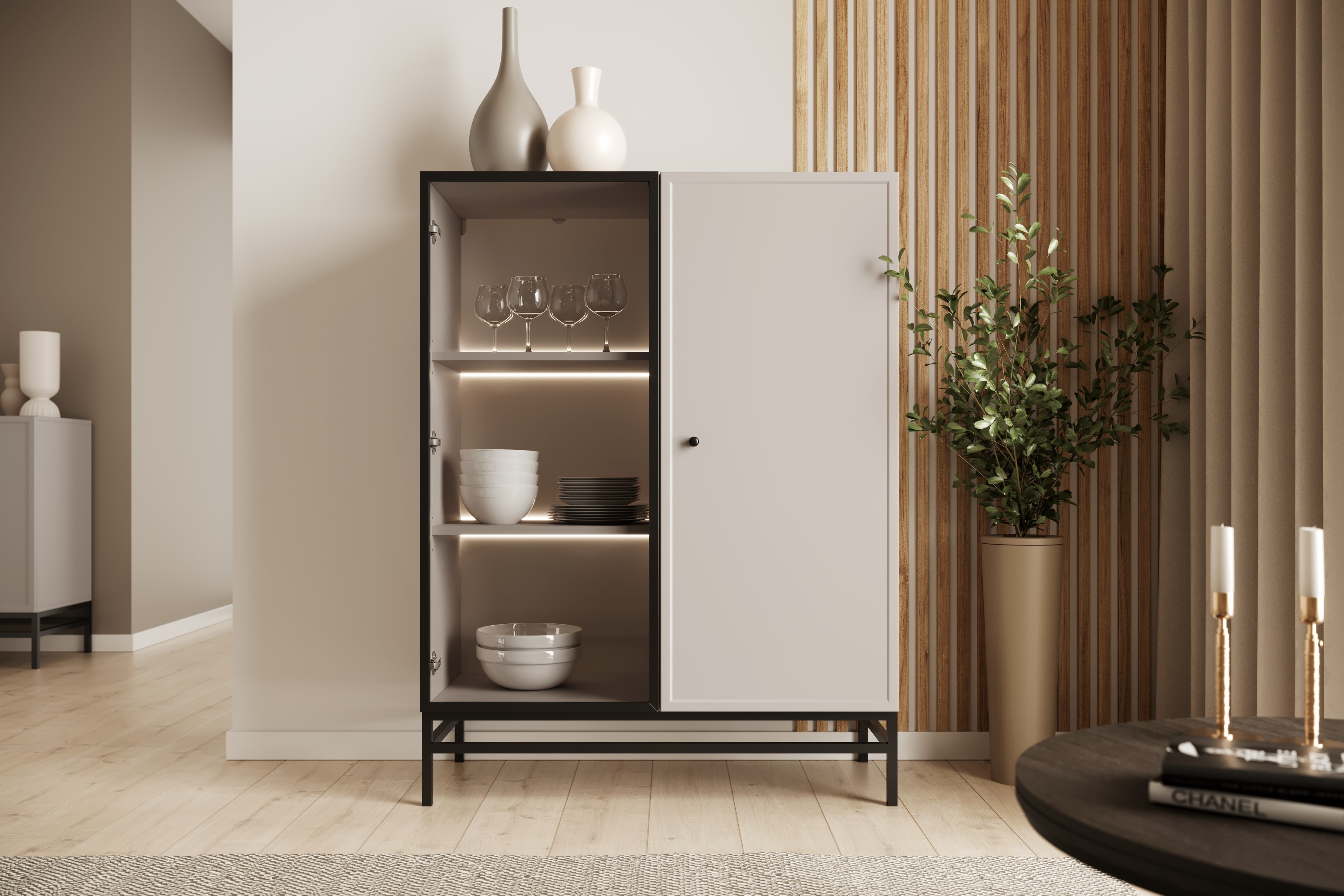 Vitrína Lorini 100 cm na podstavci - kašmírová / černá úchytka Vitrína Lorini pro obývacího pokoje 100 cm - kašmír / černá uchwyt / Rošt