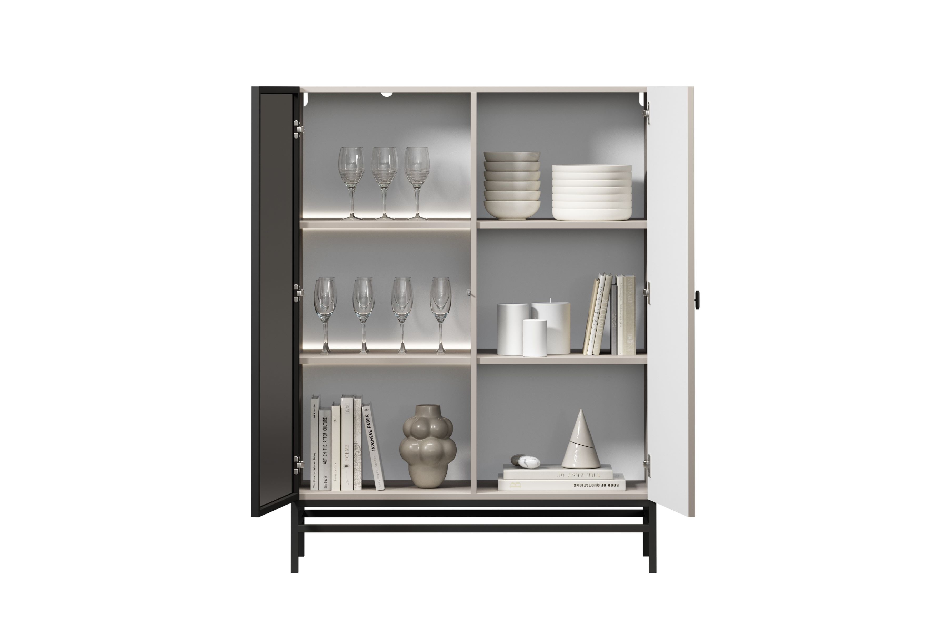 Vitrína Lorini 100 cm na podstavci - kašmírová / černá úchytka T-bar Vitrína Lorini pro obývacího pokoje 100 cm - kašmír / černá uchwyt T-bar / Rošt