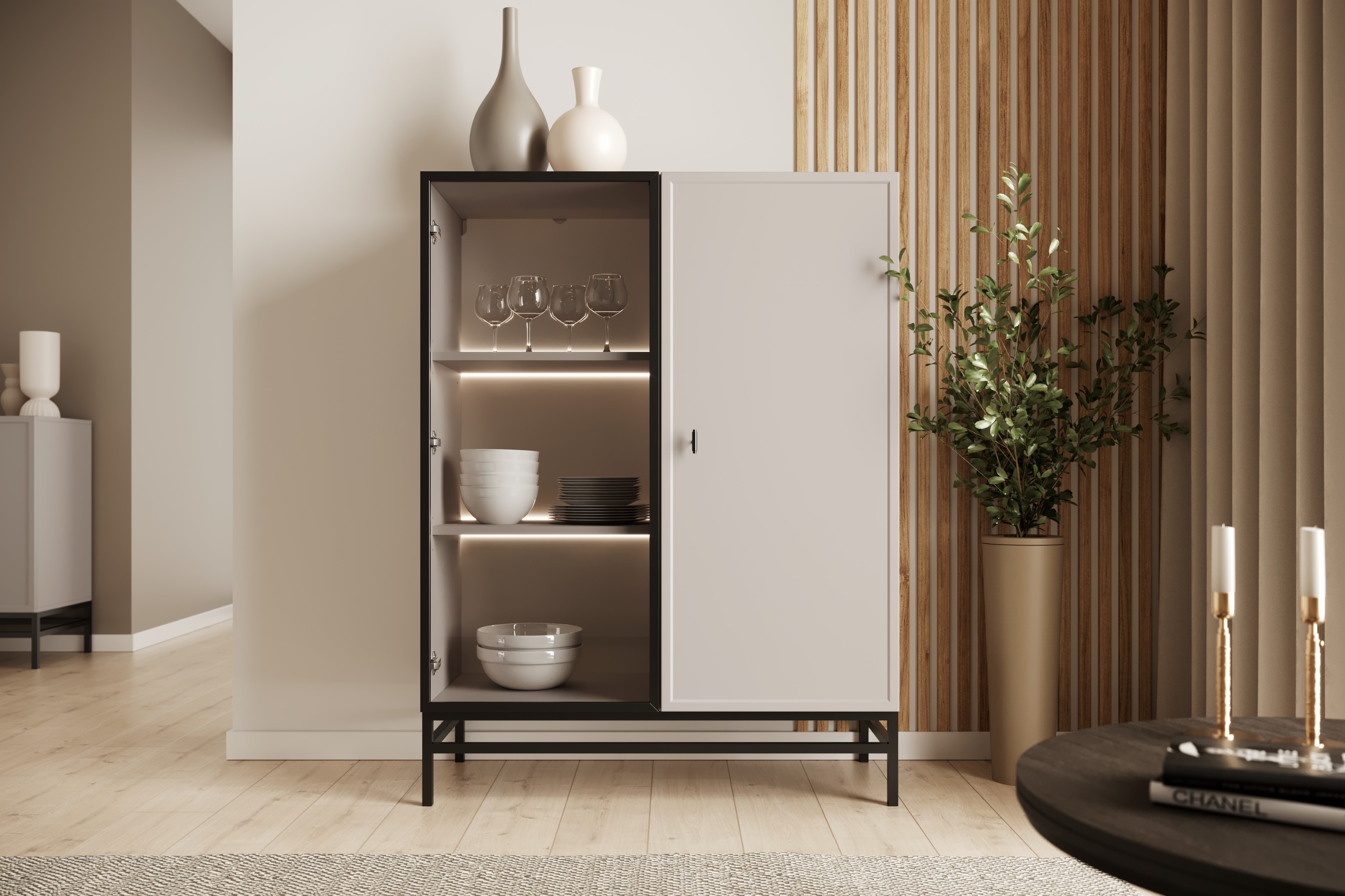 Vitrína Lorini 100 cm na podstavci - kašmírová / černá úchytka T-bar Vitrína Lorini pro obývacího pokoje 100 cm - kašmír / černá uchwyt T-bar / Rošt