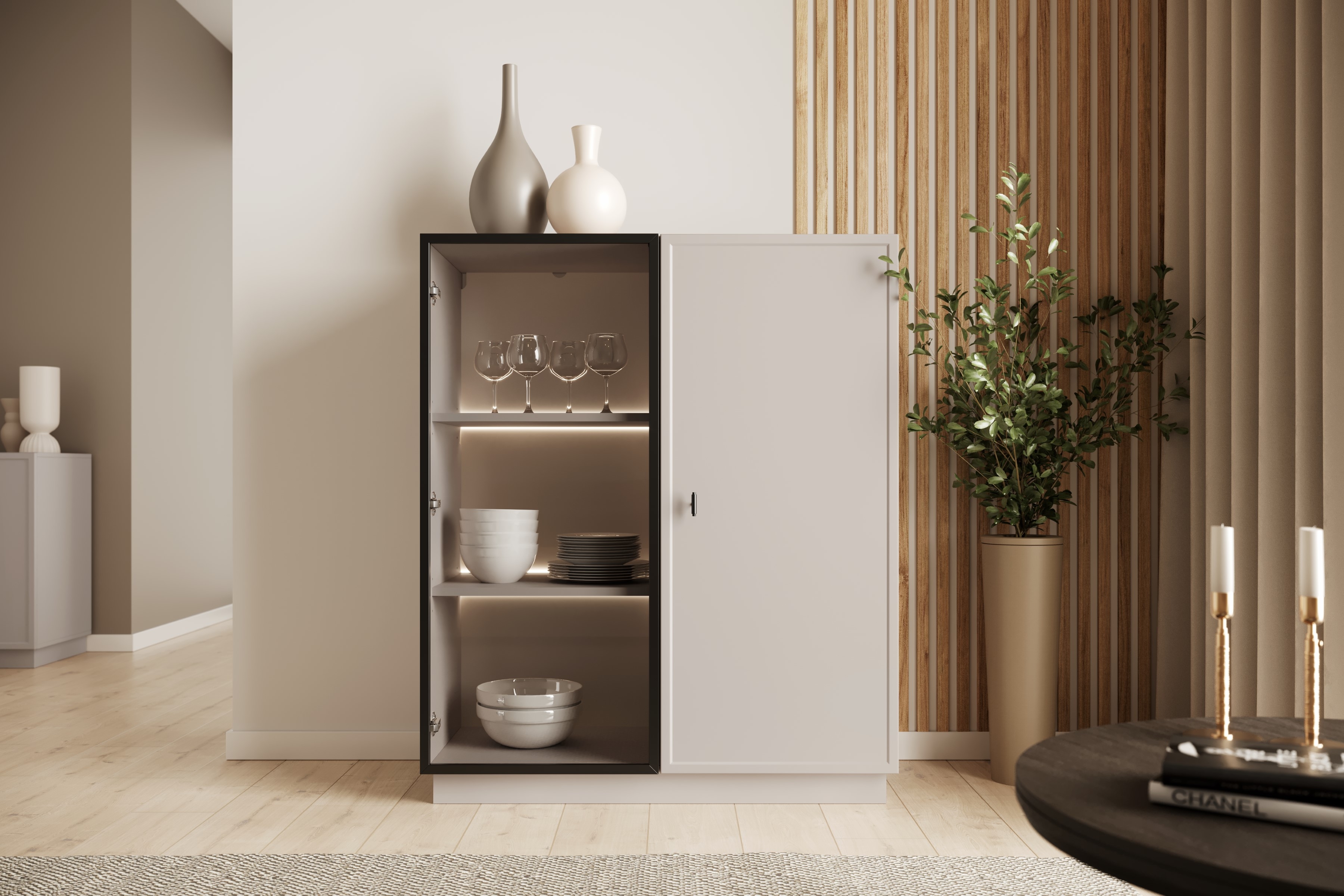 Vitrína Lorini 100 cm - kašmírová / černá úchytka T-bar Vitrína Lorini pro obývacího pokoje 100 cm - kašmír / černá uchwyt T-bar