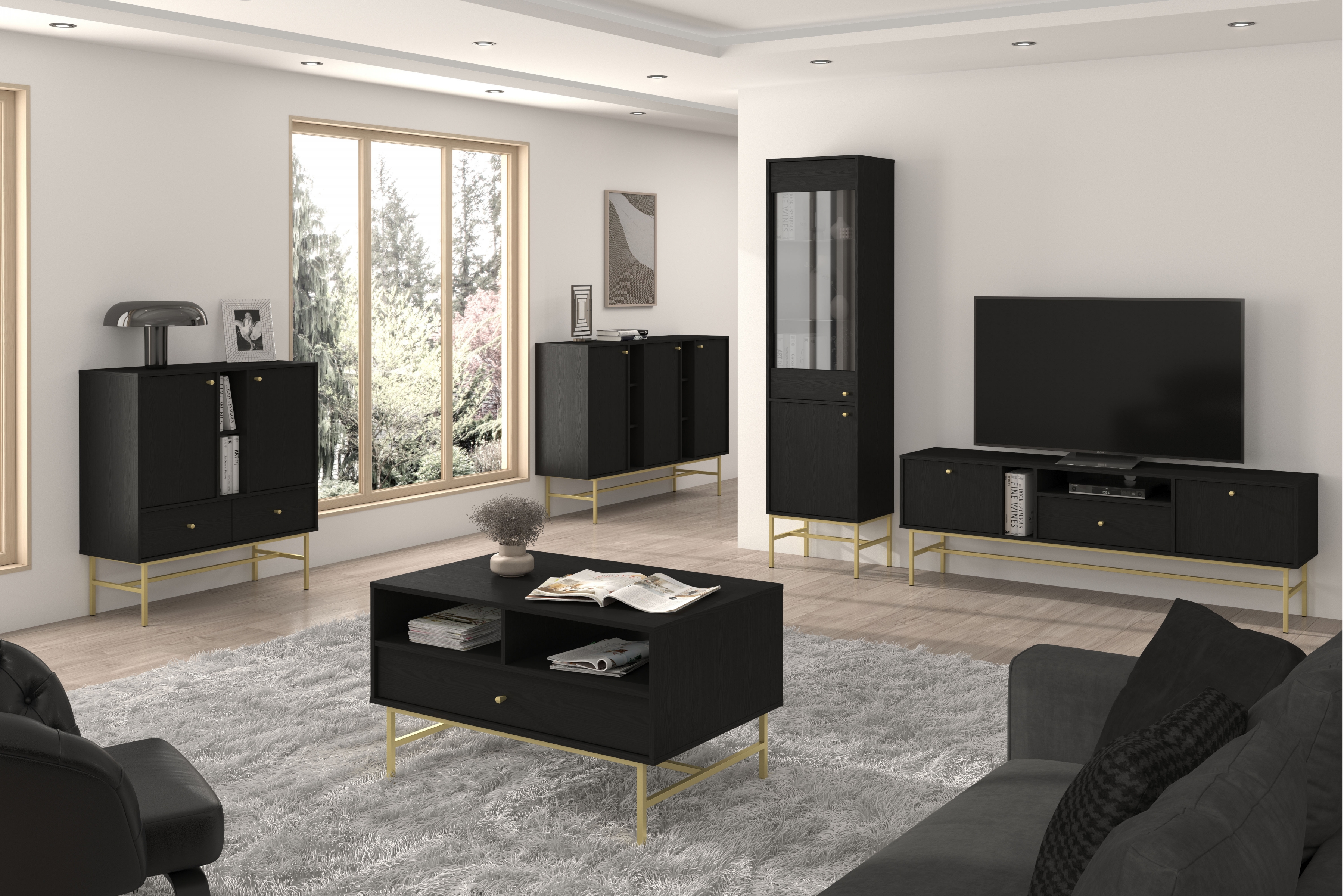 Vitrína Lotina III 52 cm 2F - grafitová černá / zlaté nožky Vitrína Lotina III 2F - 52 cm - černá grafit / zlaté Nohy