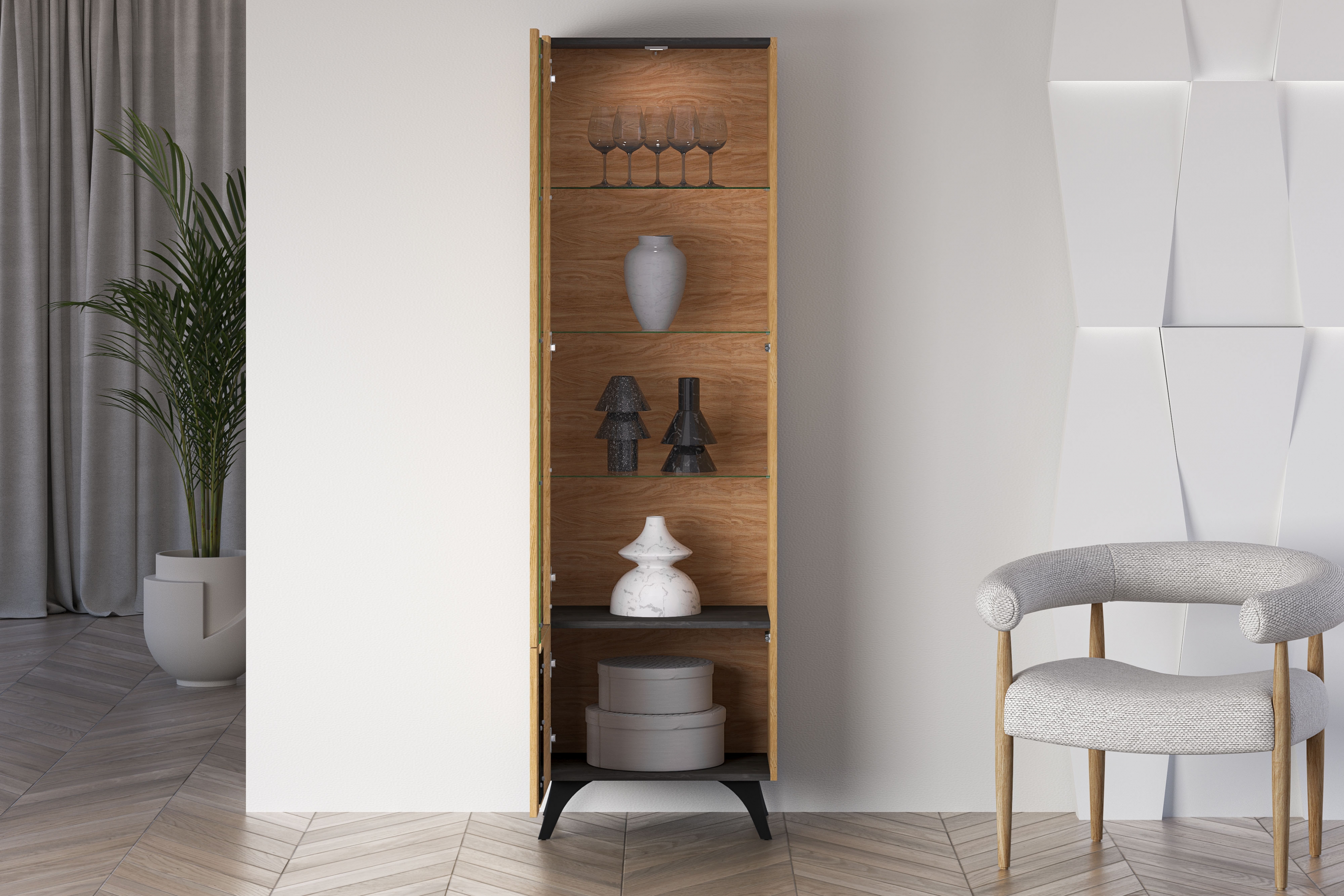 Vitrína Natina 02 ľavá 58 cm - dub baltic dune Vitrína Natina 02 ľavostranná 58 cm - Dub baltic dune / Jaseň portland Čierny