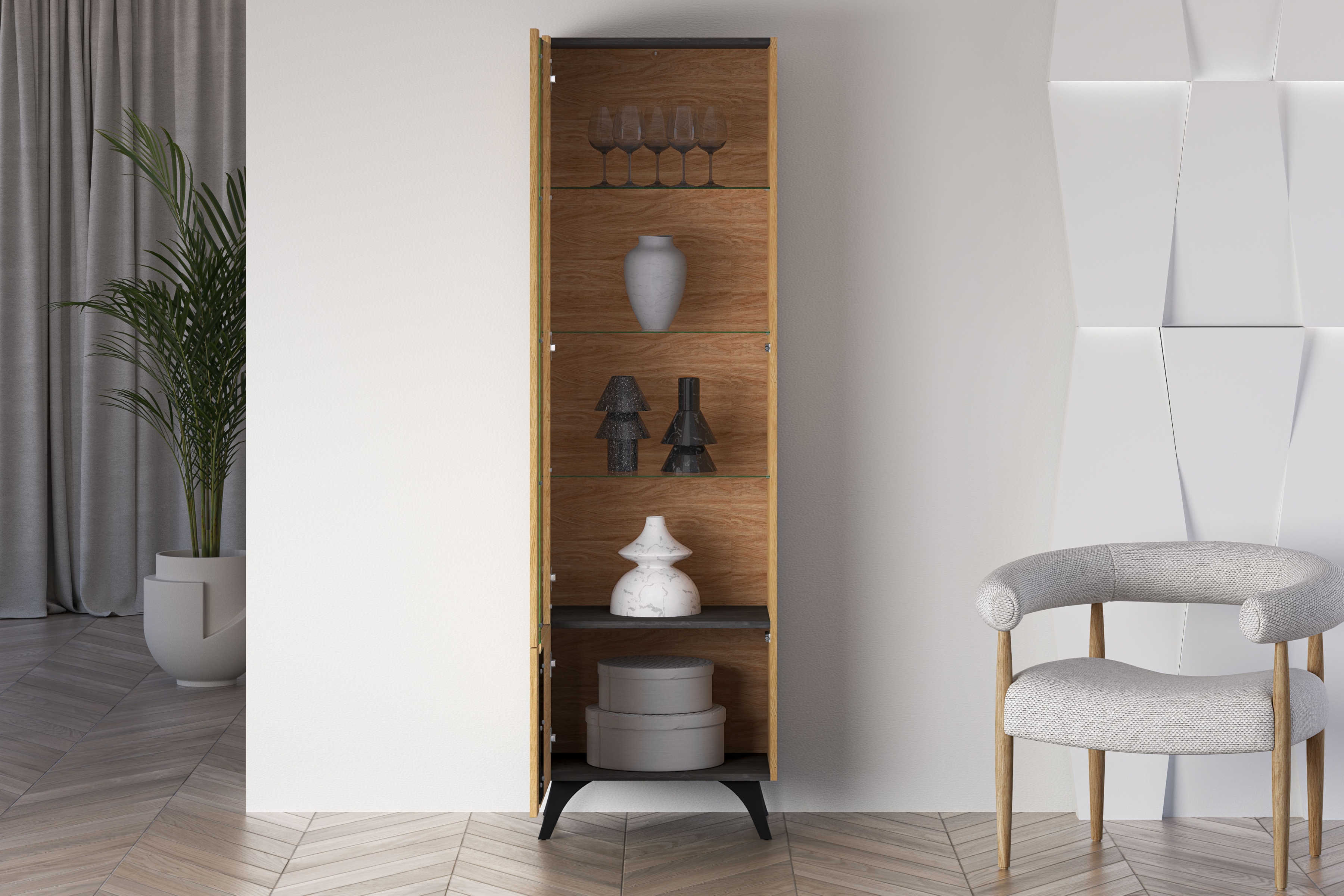 Vitrína Natina 02 ľavá 58 cm - dub baltic dune Vitrína Natina 02 ľavostranná 58 cm - Dub baltic dune / Jaseň portland Čierny