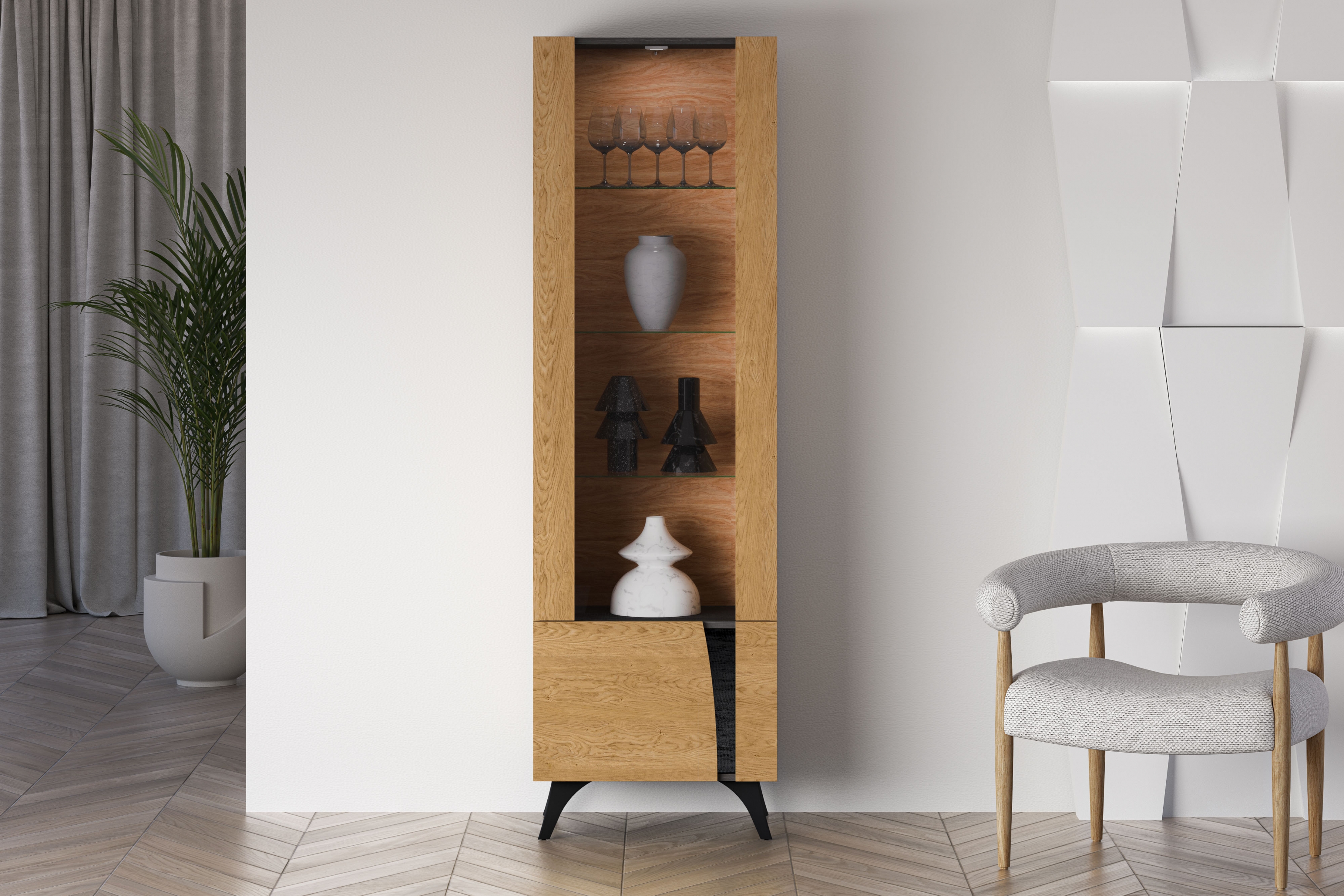 Vitrína Natina 02 ľavá 58 cm - dub baltic dune Vitrína Natina 02 ľavostranná 58 cm - Dub baltic dune / Jaseň portland Čierny